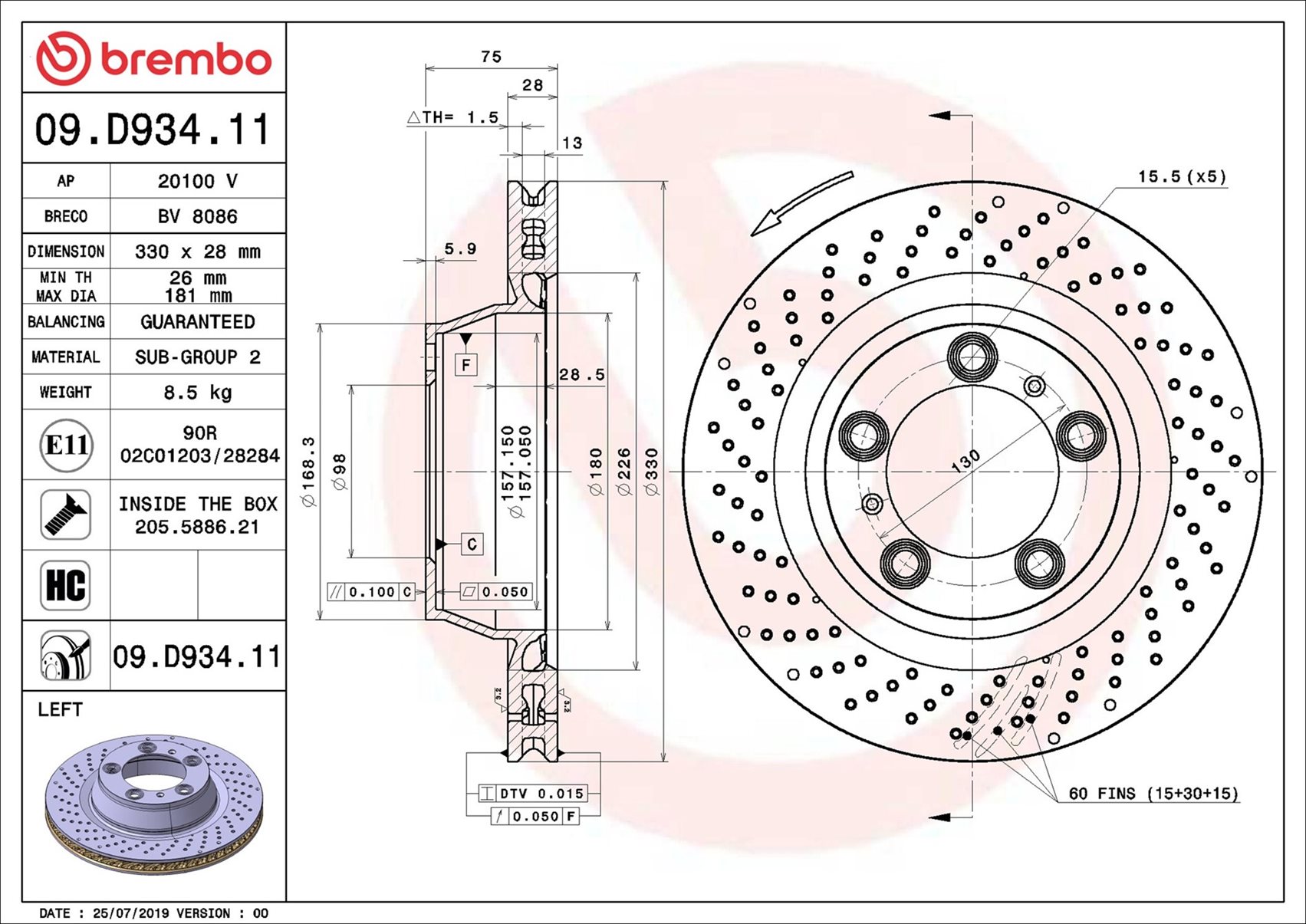 BREMBO Bremseskive 09d93411 330mm 28mm for PORSCHE