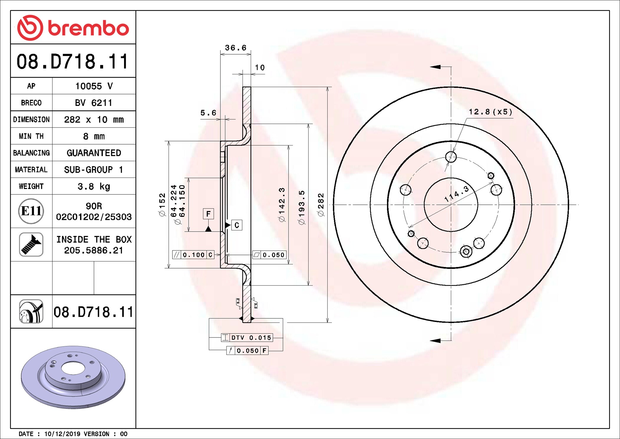 BREMBO Bremseskive 08d71811 282mm 10mm for HONDA