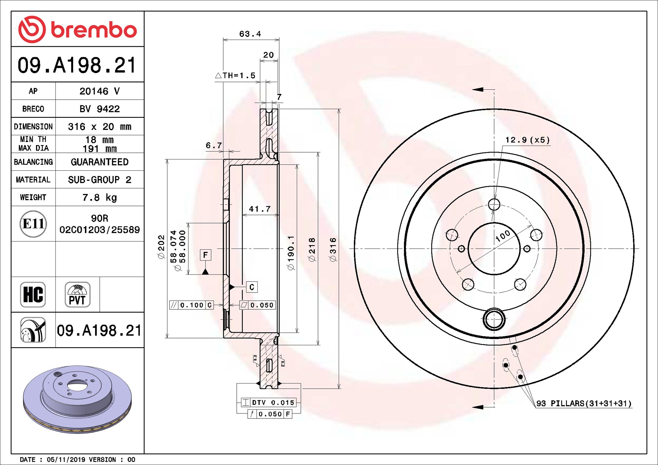 BREMBO Bremseskive 09.A198.21 316mm 20mm for SUBARU