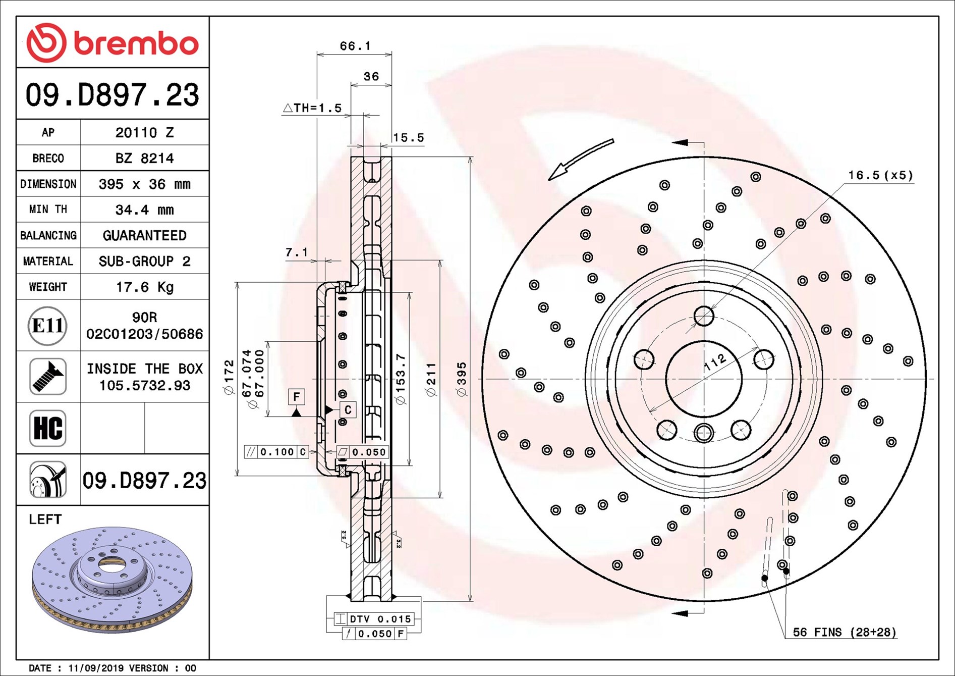 BREMBO Bremseskive 09.D897.23 395mm 36mm for BMW