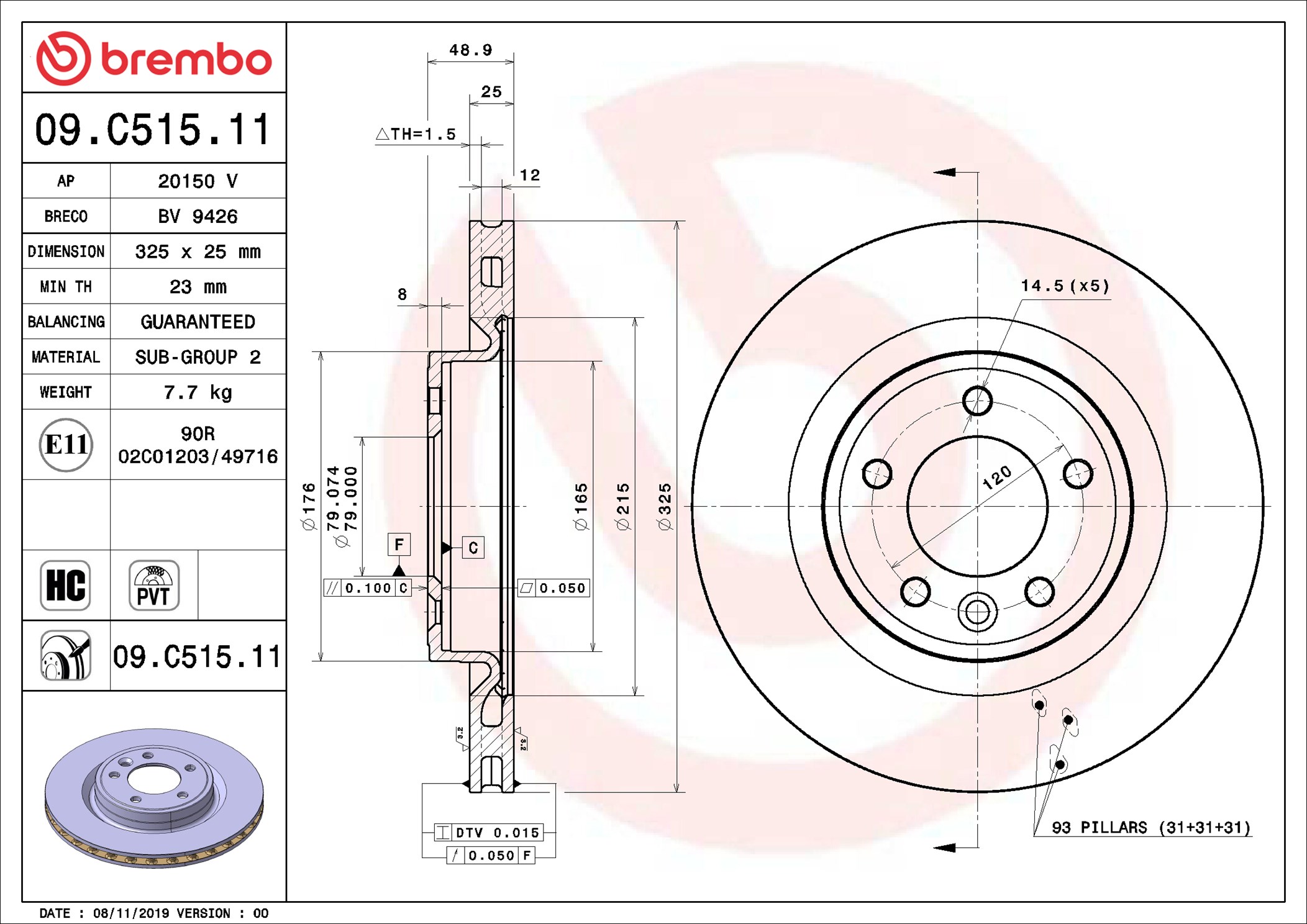 BREMBO Bremseskive 09c51511 325mm 25mm for LAND ROVER