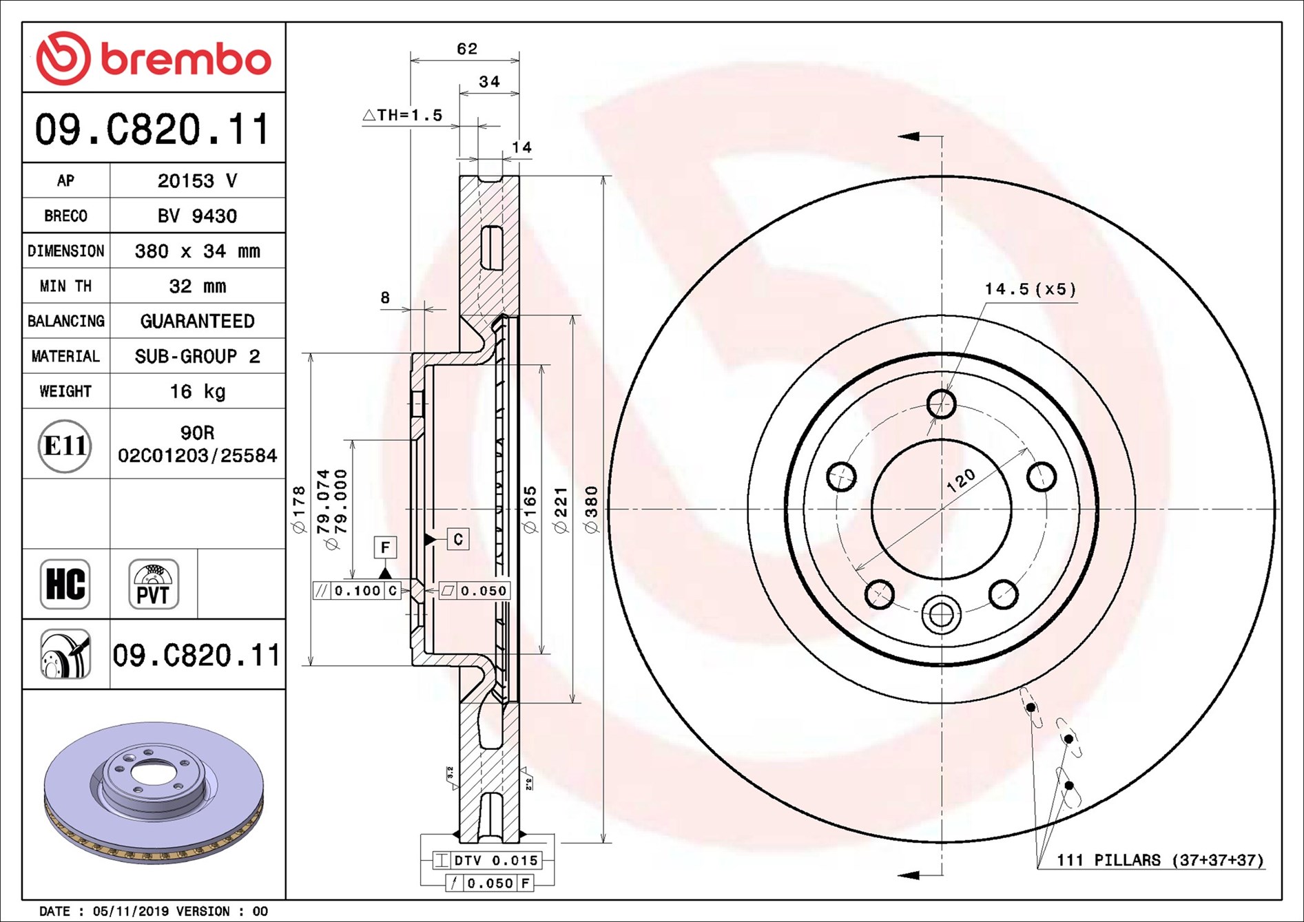 BREMBO Bremseskive 09c82011 380mm 34mm for LAND ROVER