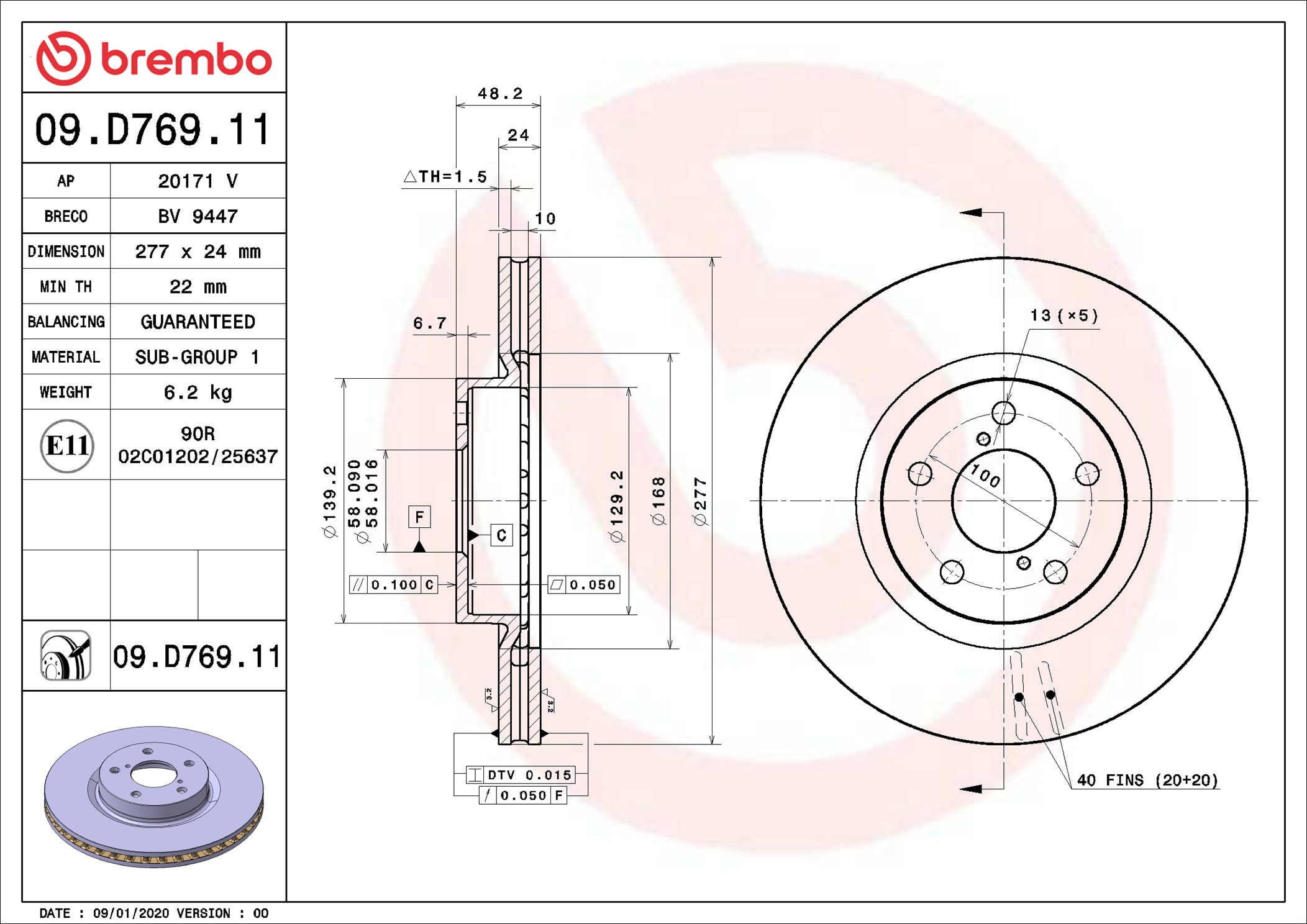 BREMBO Bremseskive 09d76911 277mm 24mm for SUBARU