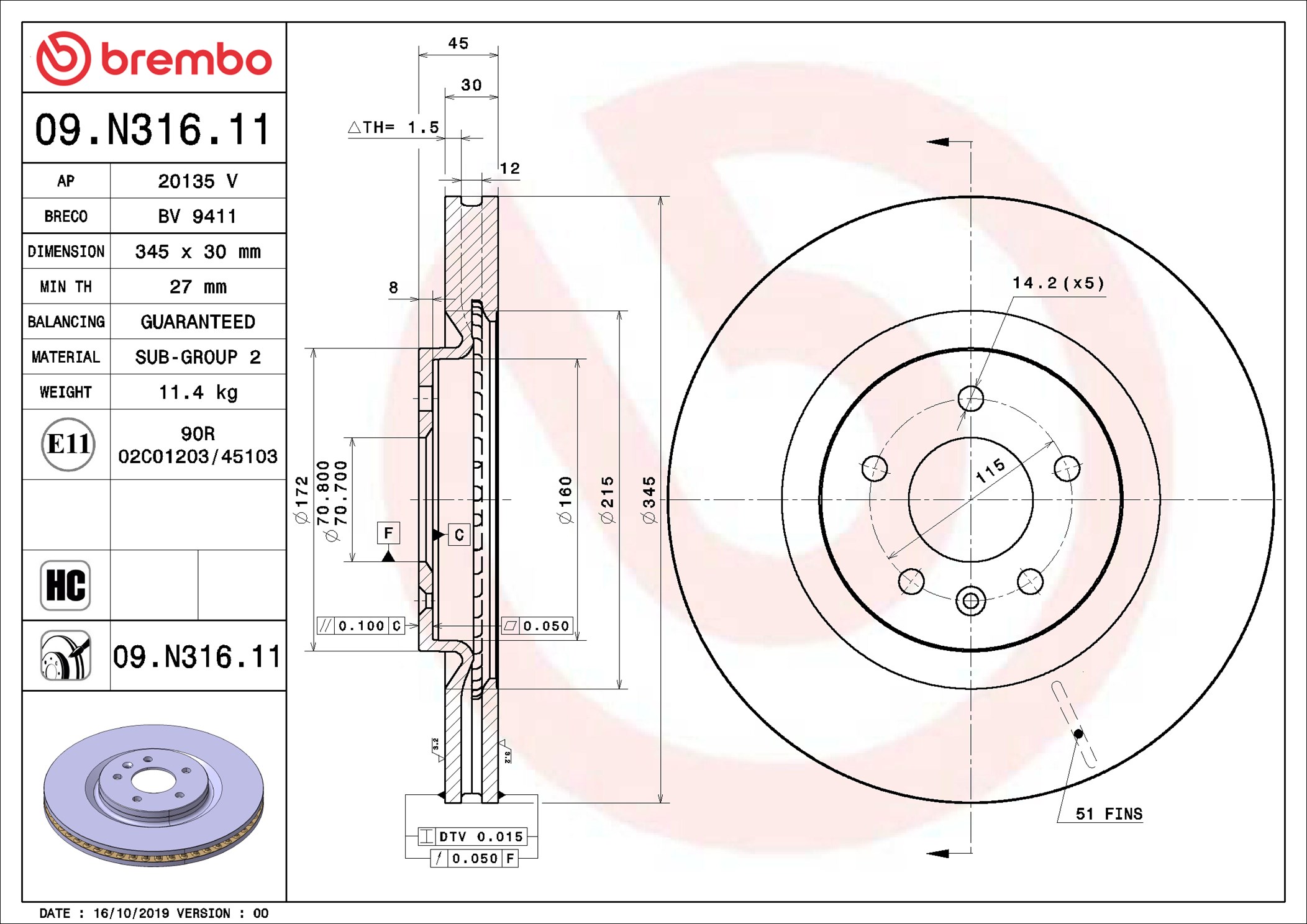 BREMBO Bremseskive 09.N316.11 345mm 30mm for VAUXHALL BUICK (SGM)
