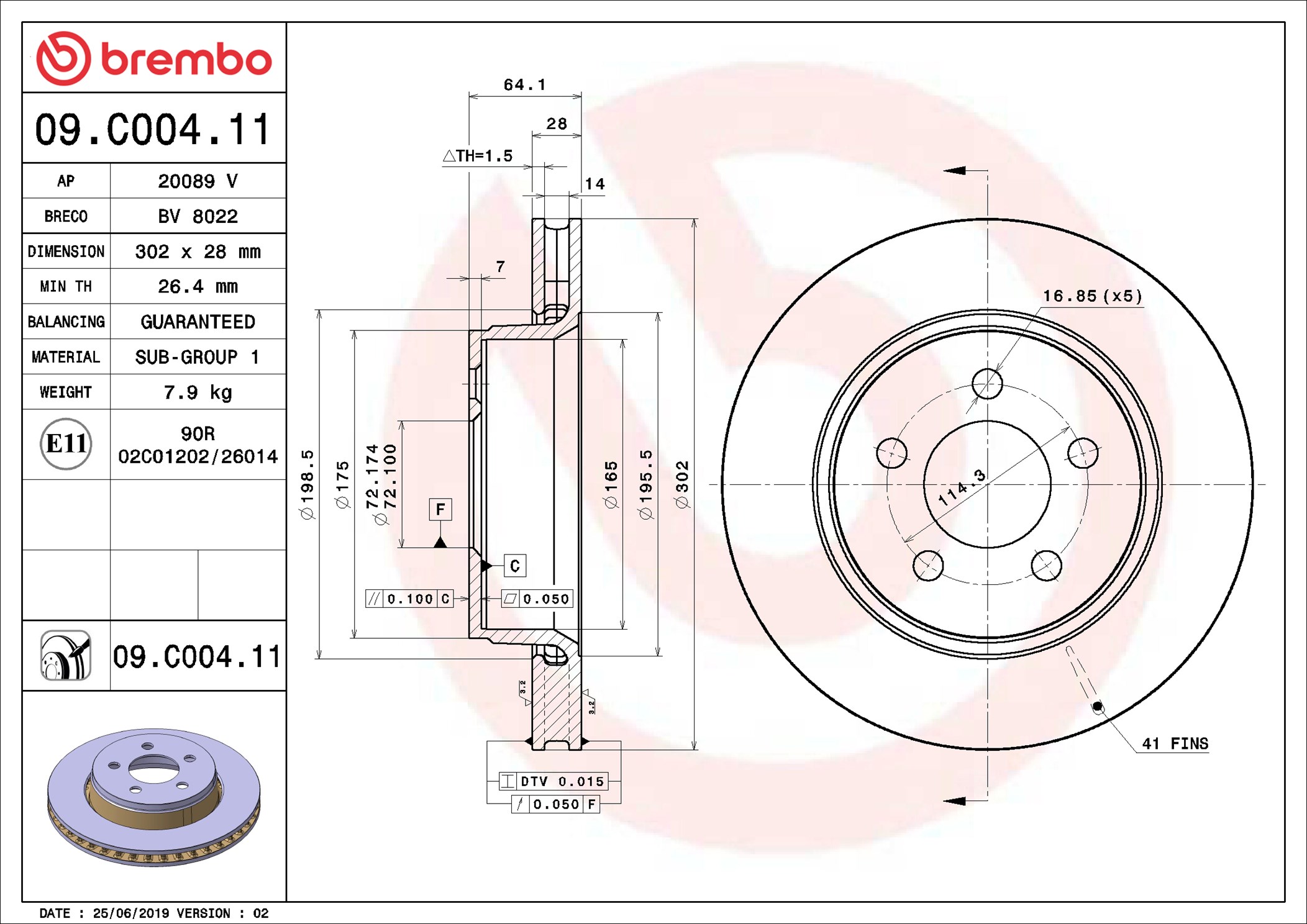 BREMBO Bremseskive 09c00411 302mm 28mm for JEEP DODGE