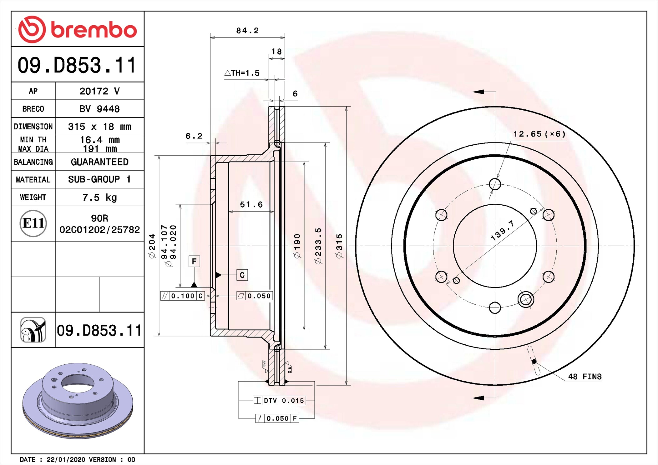 BREMBO Bremseskive 09d85311 315mm 18mm for MITSUBISHI