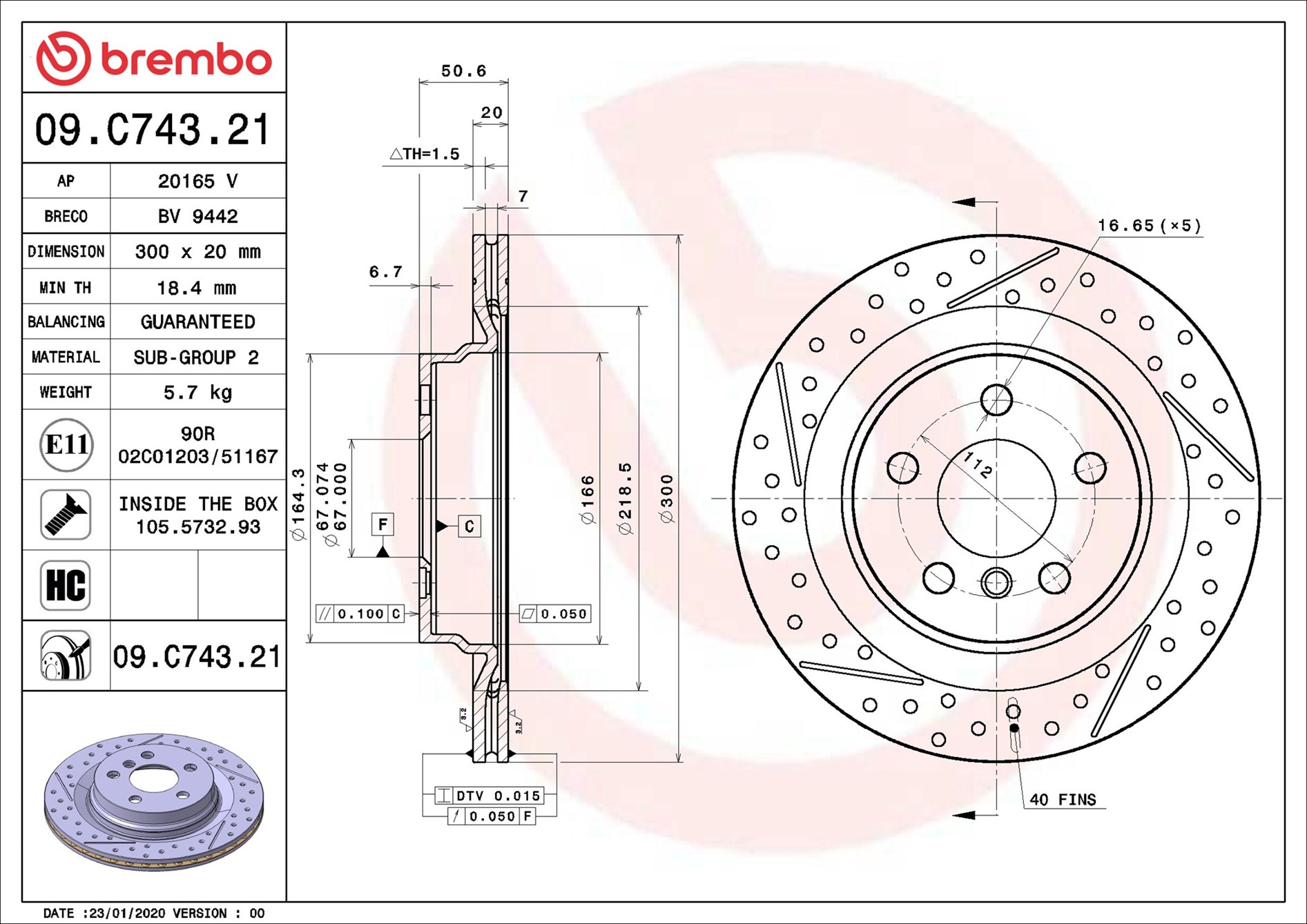 BREMBO Bremseskive 09c74321 lukket/perforeret 300mm 20mm for MINI