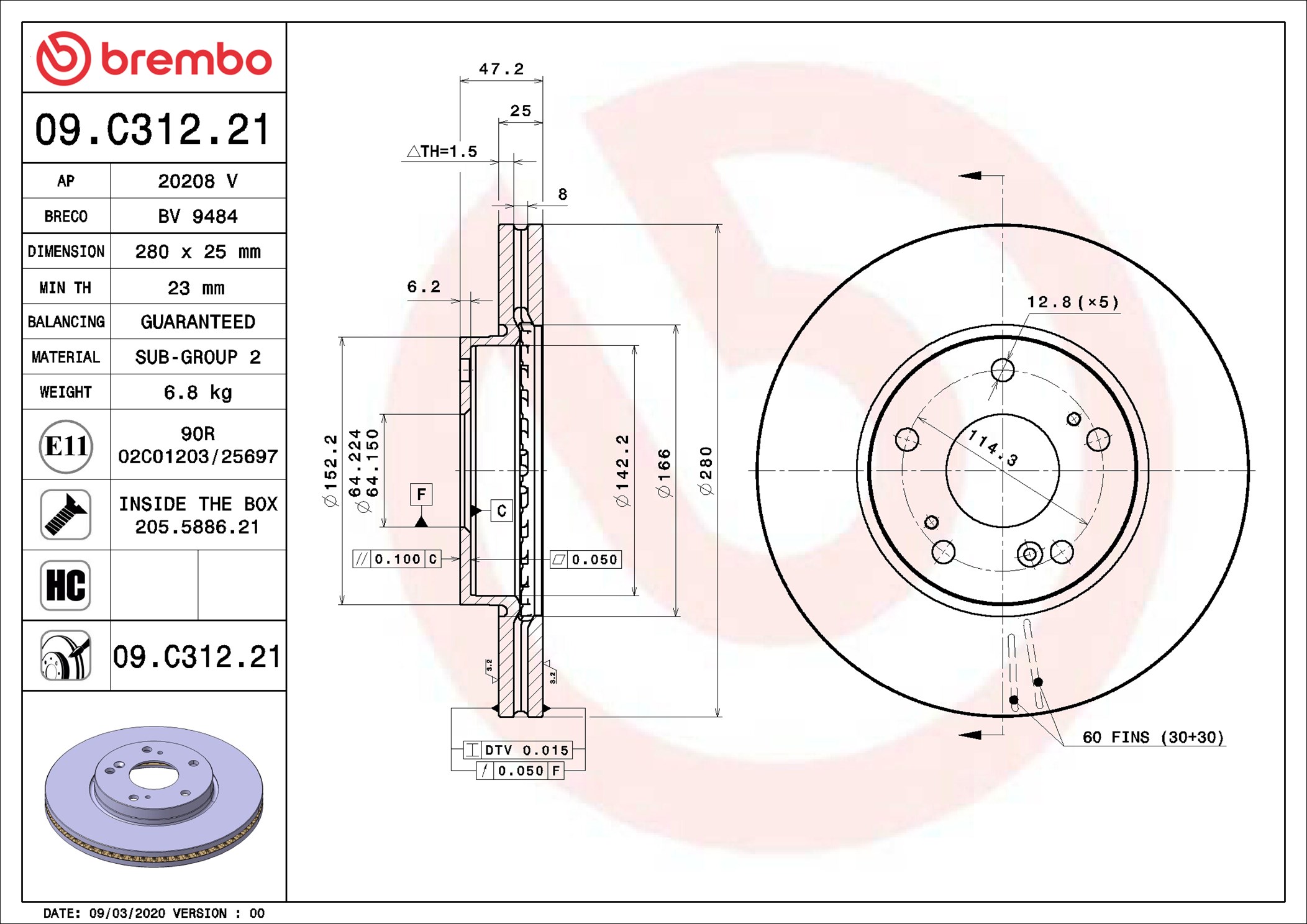 BREMBO Bremseskive 09c31221 280mm 25mm for HONDA