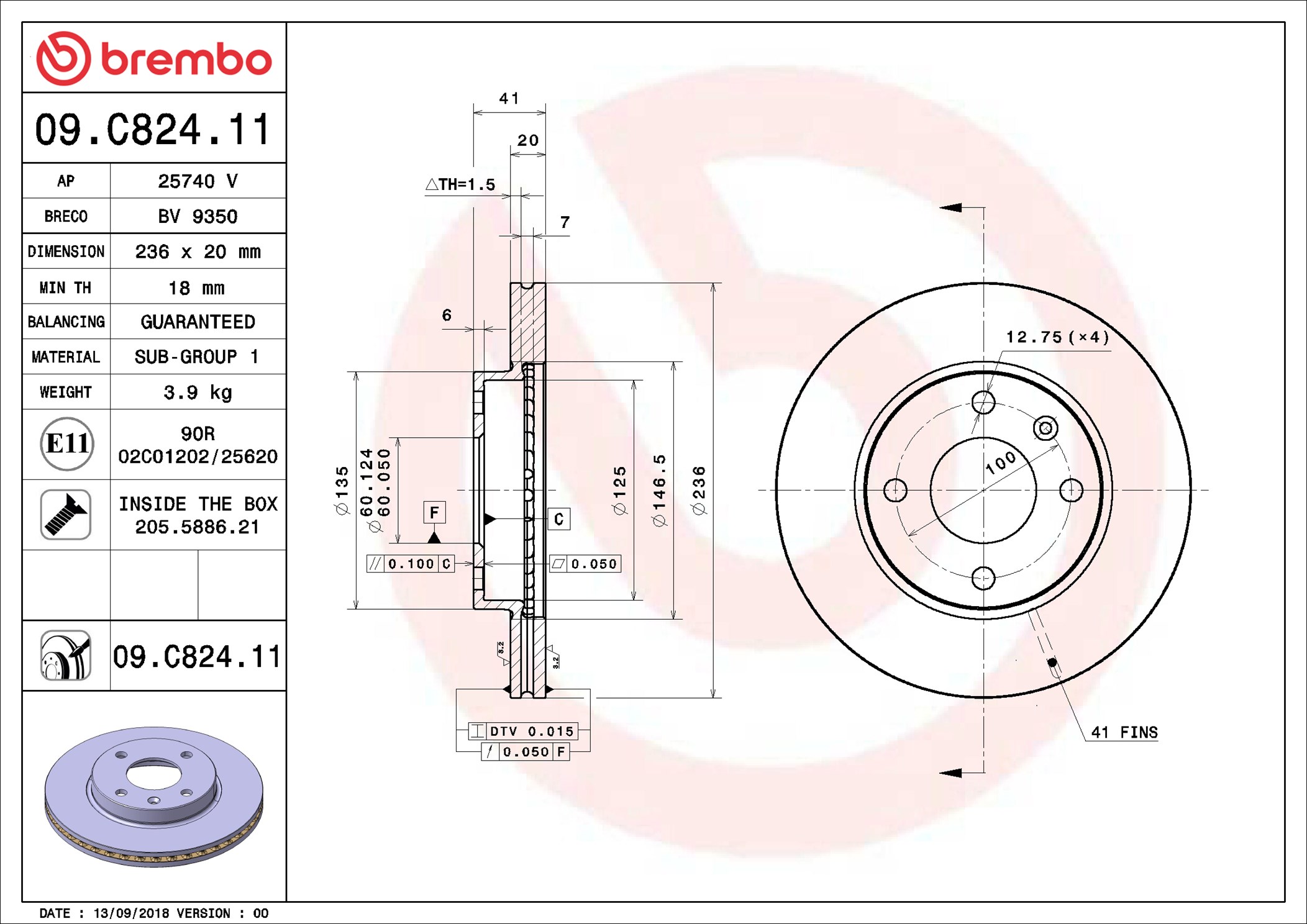 BREMBO Bremseskive 09c82411 236mm 20mm for OPEL VAUXHALL