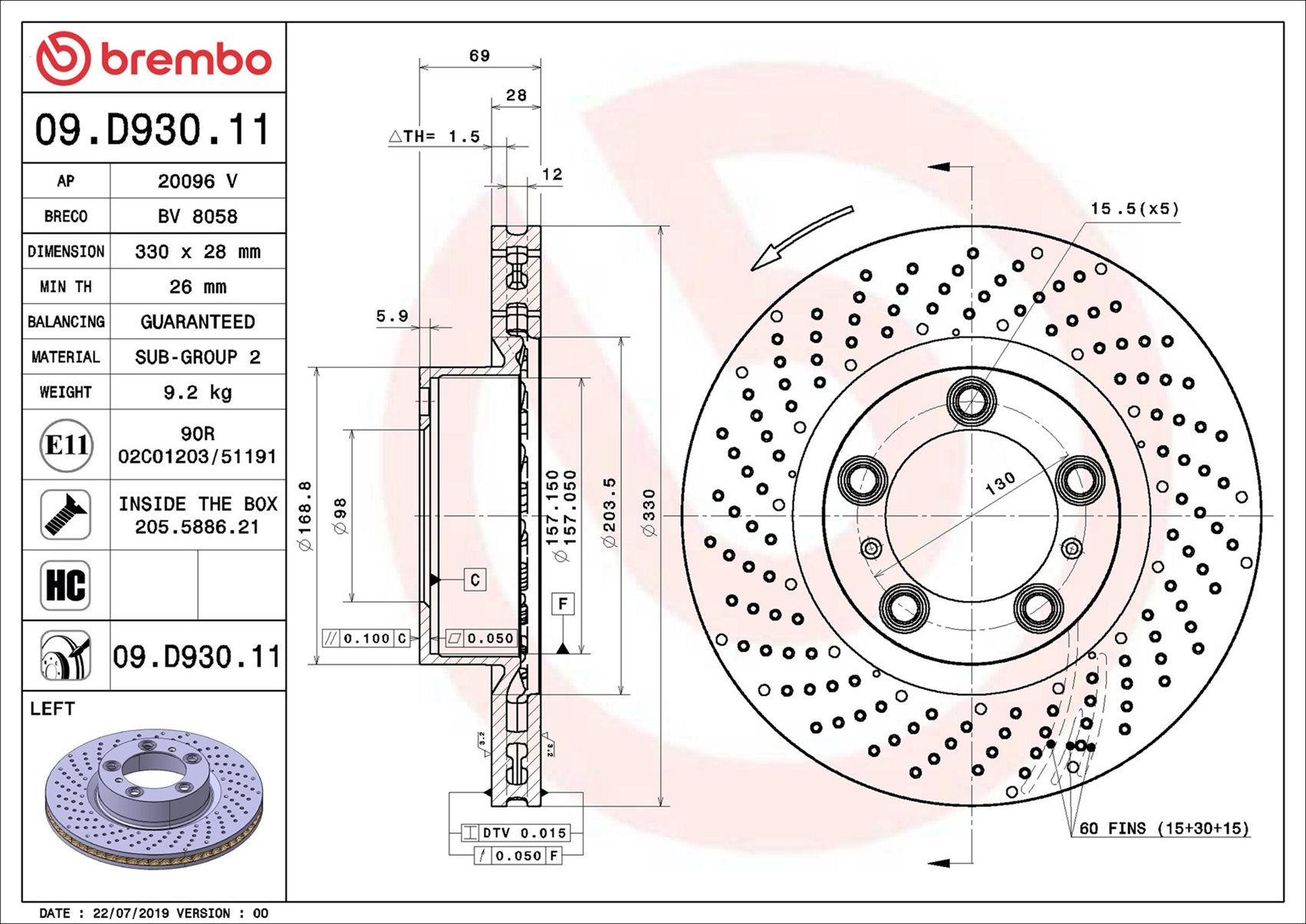BREMBO Bremseskive 09d93011 330mm 28mm for PORSCHE