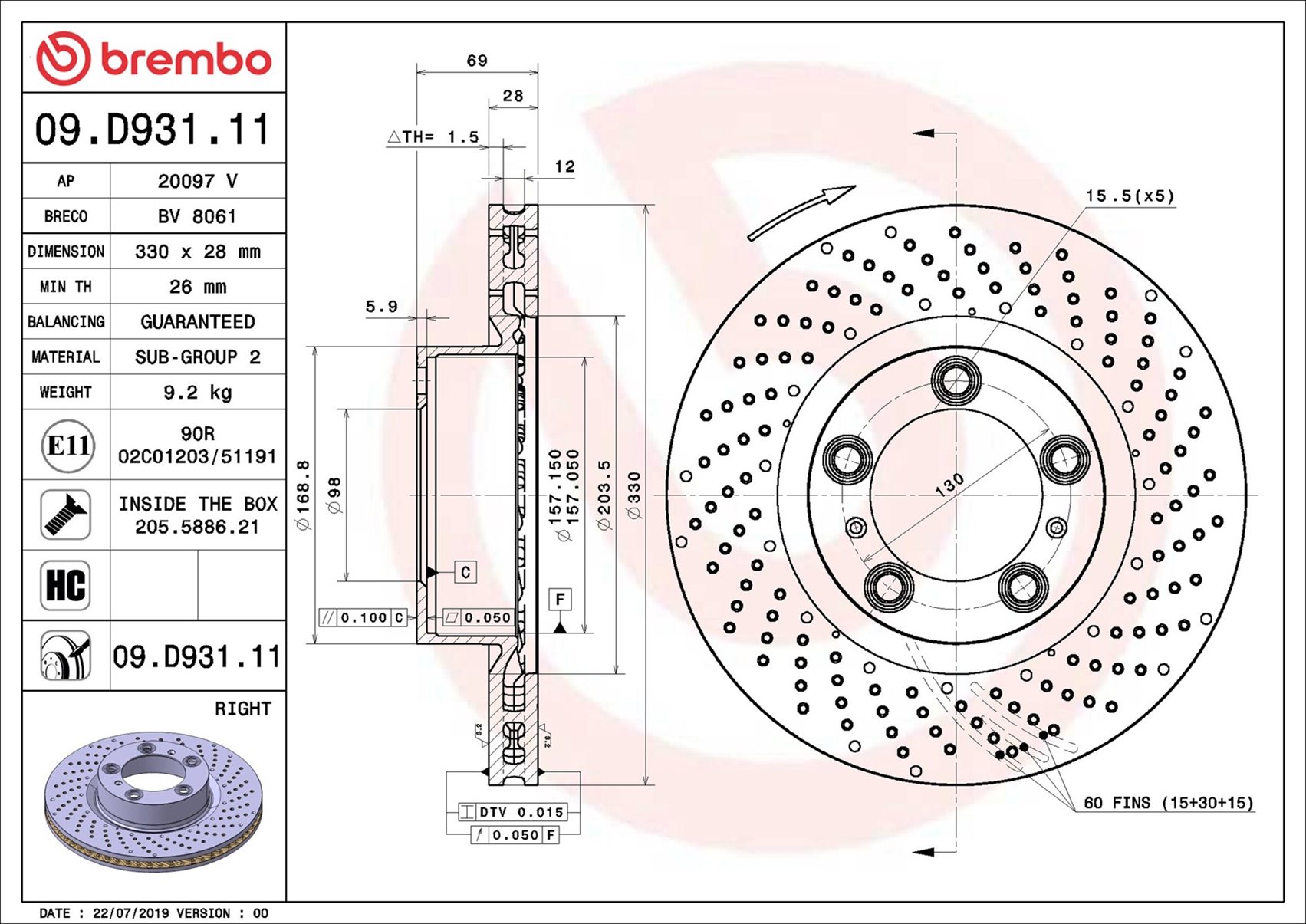 BREMBO Bremseskive 09d93111 330mm 28mm for PORSCHE