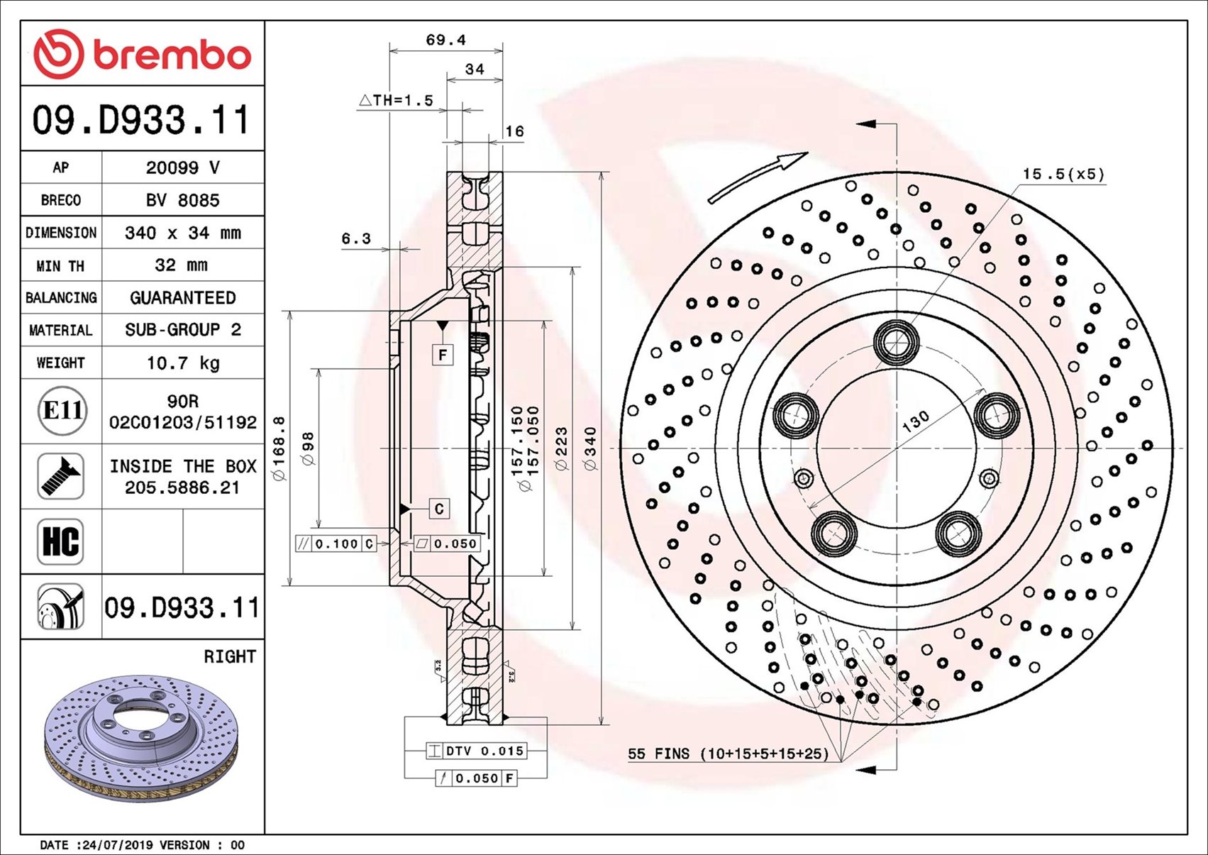 BREMBO Bremseskive 09d93311 340mm 34mm for PORSCHE