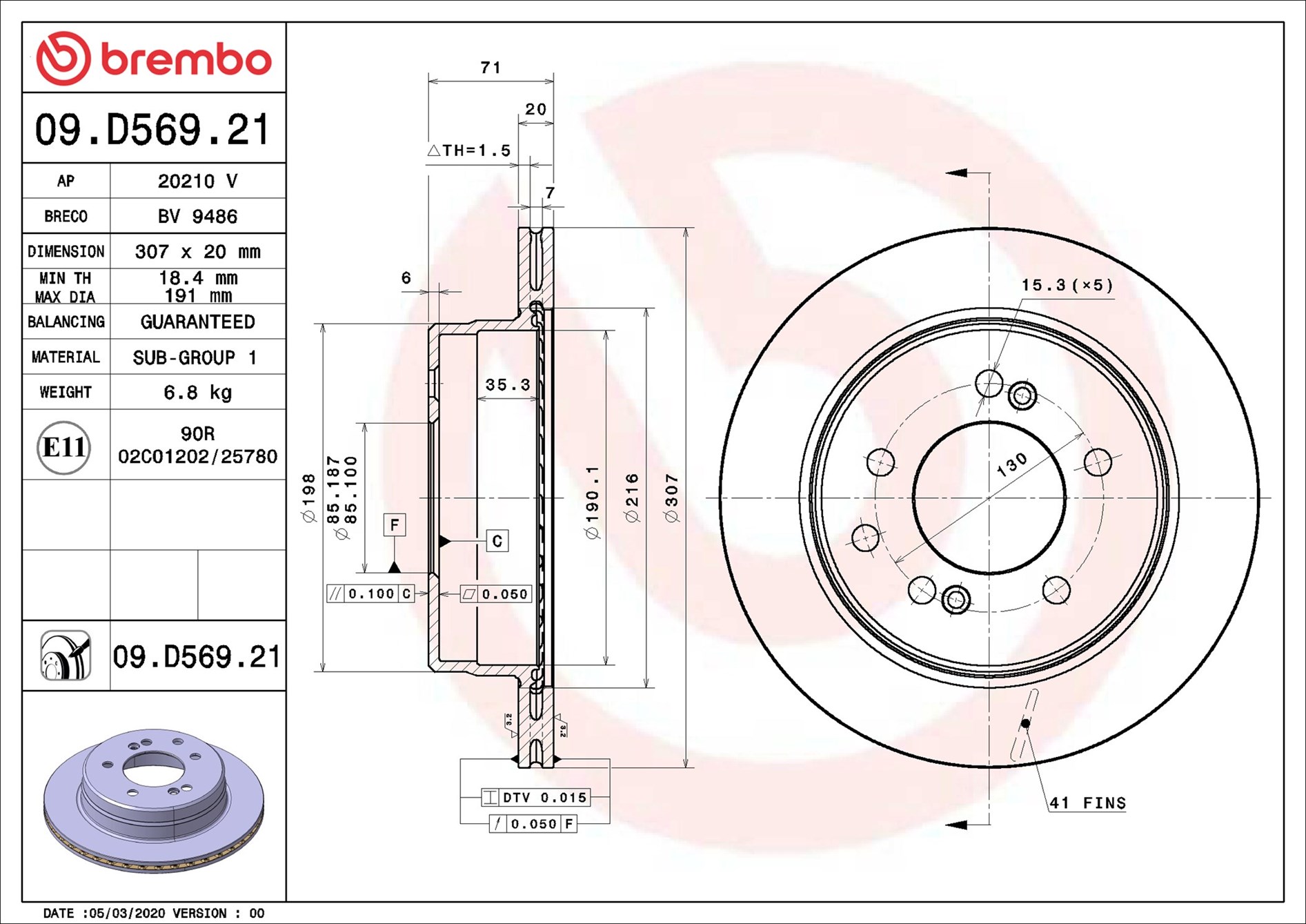 BREMBO Bremseskive 09d56921 307mm 20mm for SSANGYONG