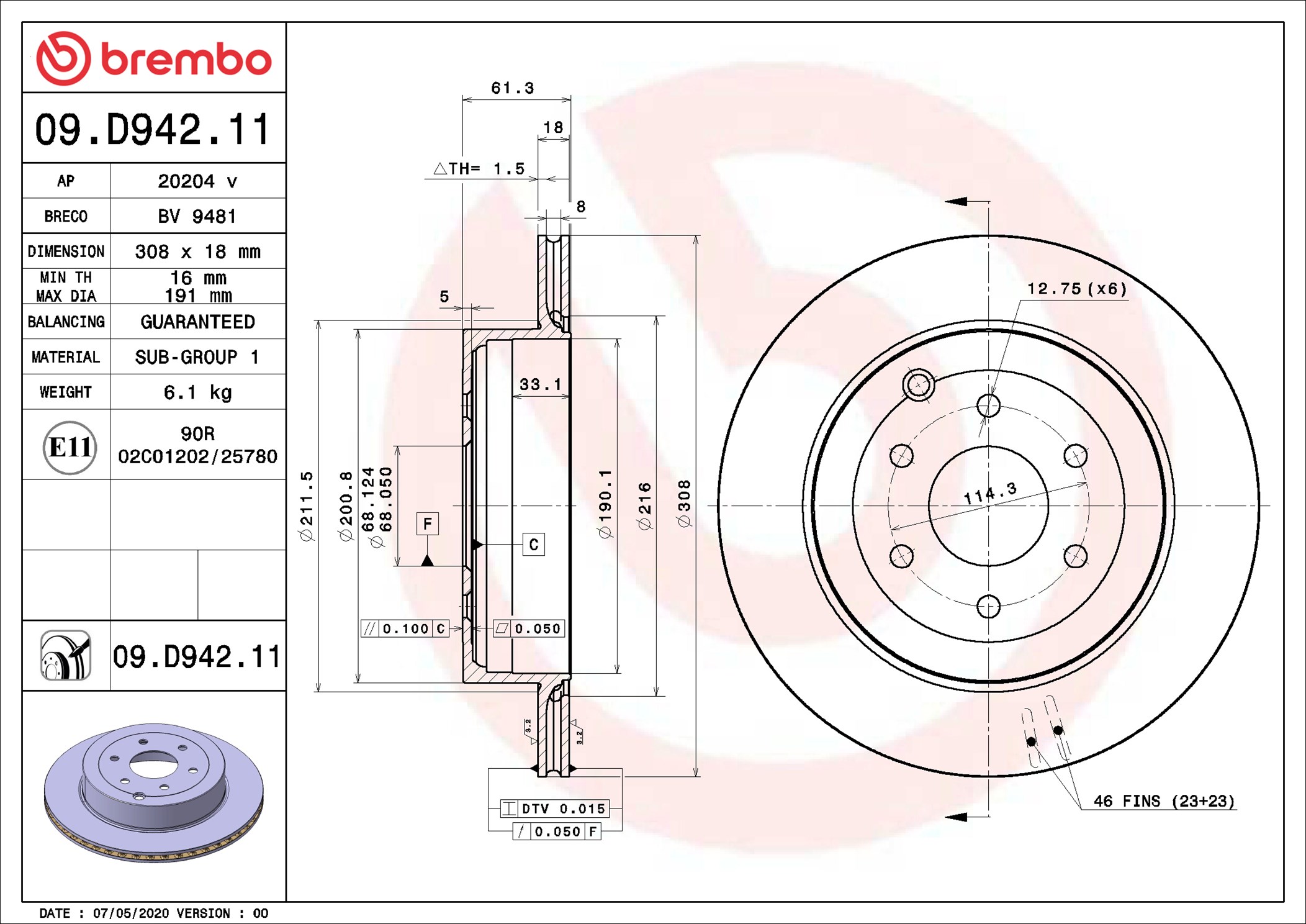 BREMBO Bremseskive 09d94211 308mm 18mm for MERCEDES-BENZ NISSAN
