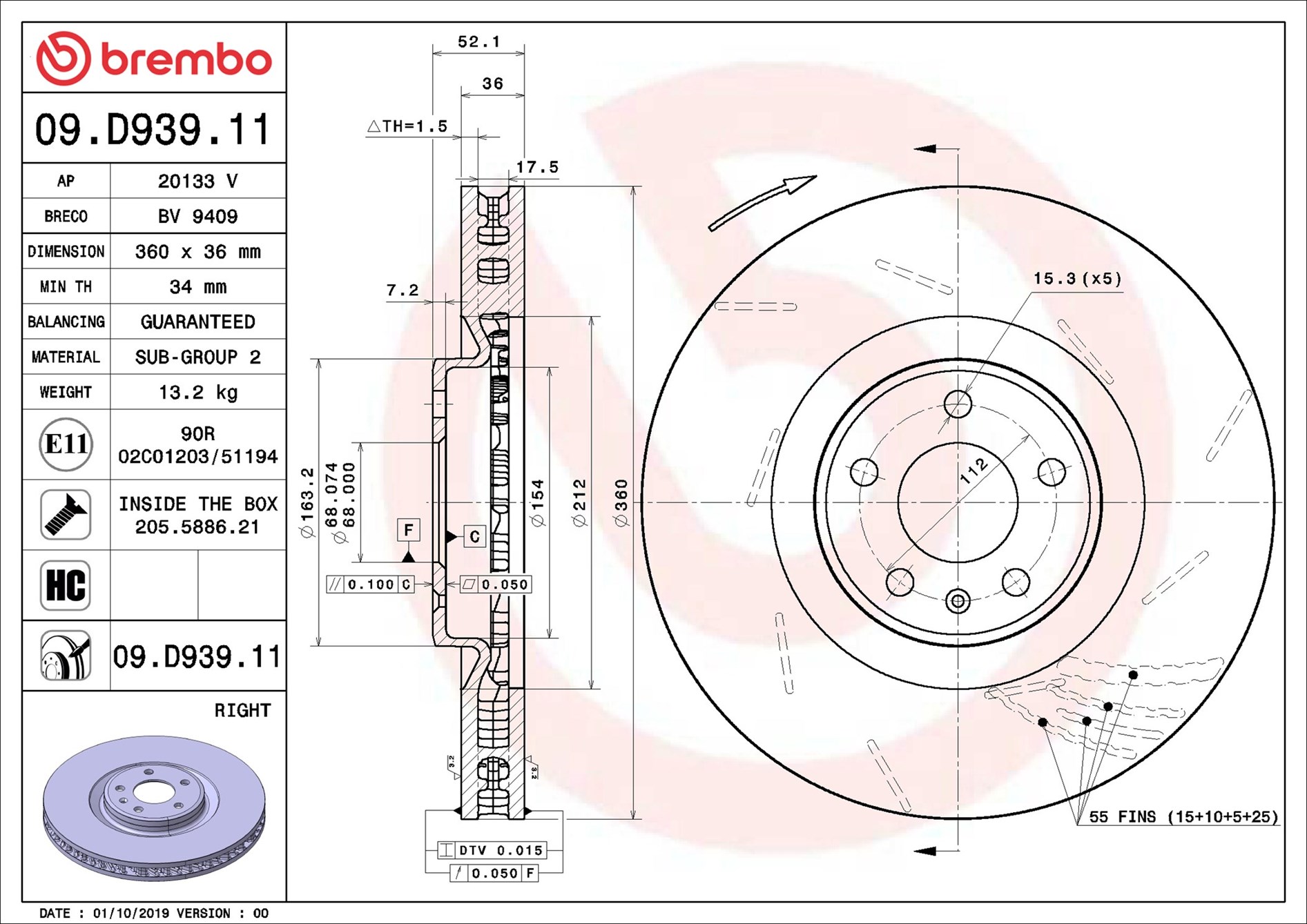 BREMBO Bremseskive 09d93911 lukket 360mm 36mm for PORSCHE