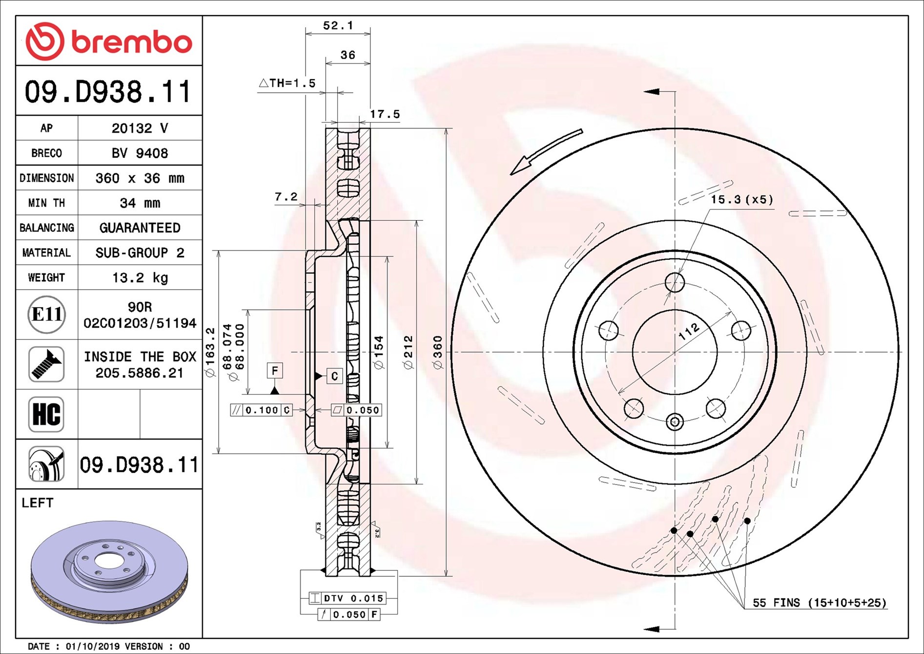 BREMBO Bremseskive 09d93811 lukket 360mm 36mm for PORSCHE
