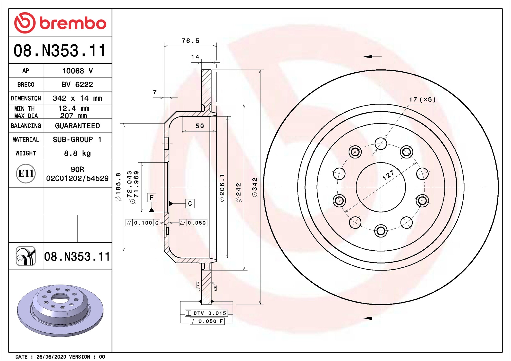 BREMBO Bremseskive 08n35311 342mm 14mm for JEEP