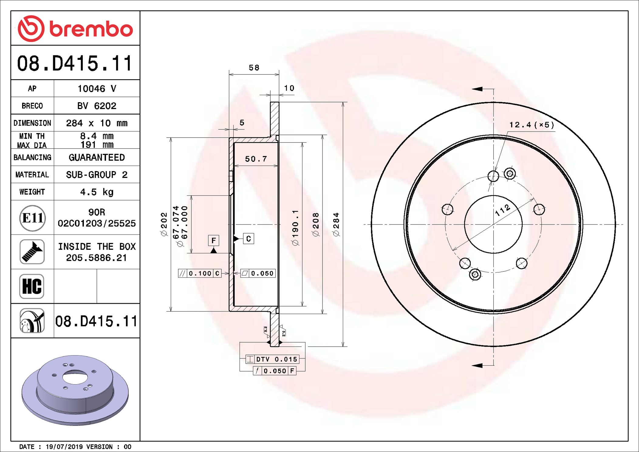 BREMBO Bremseskive 08d41511 284mm 10mm for SSANGYONG
