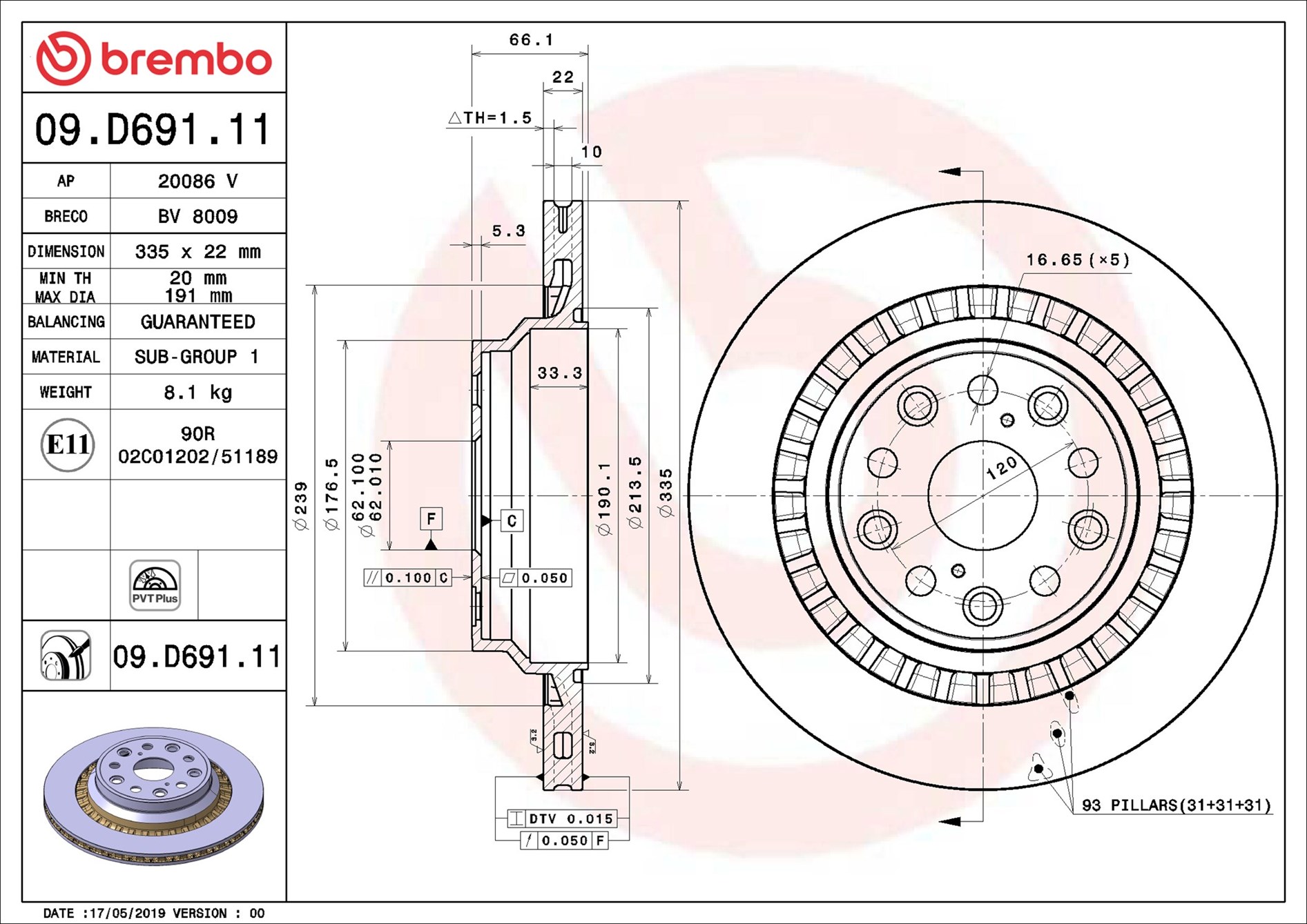 BREMBO Bremseskive 09d69111 335mm 22mm for LEXUS