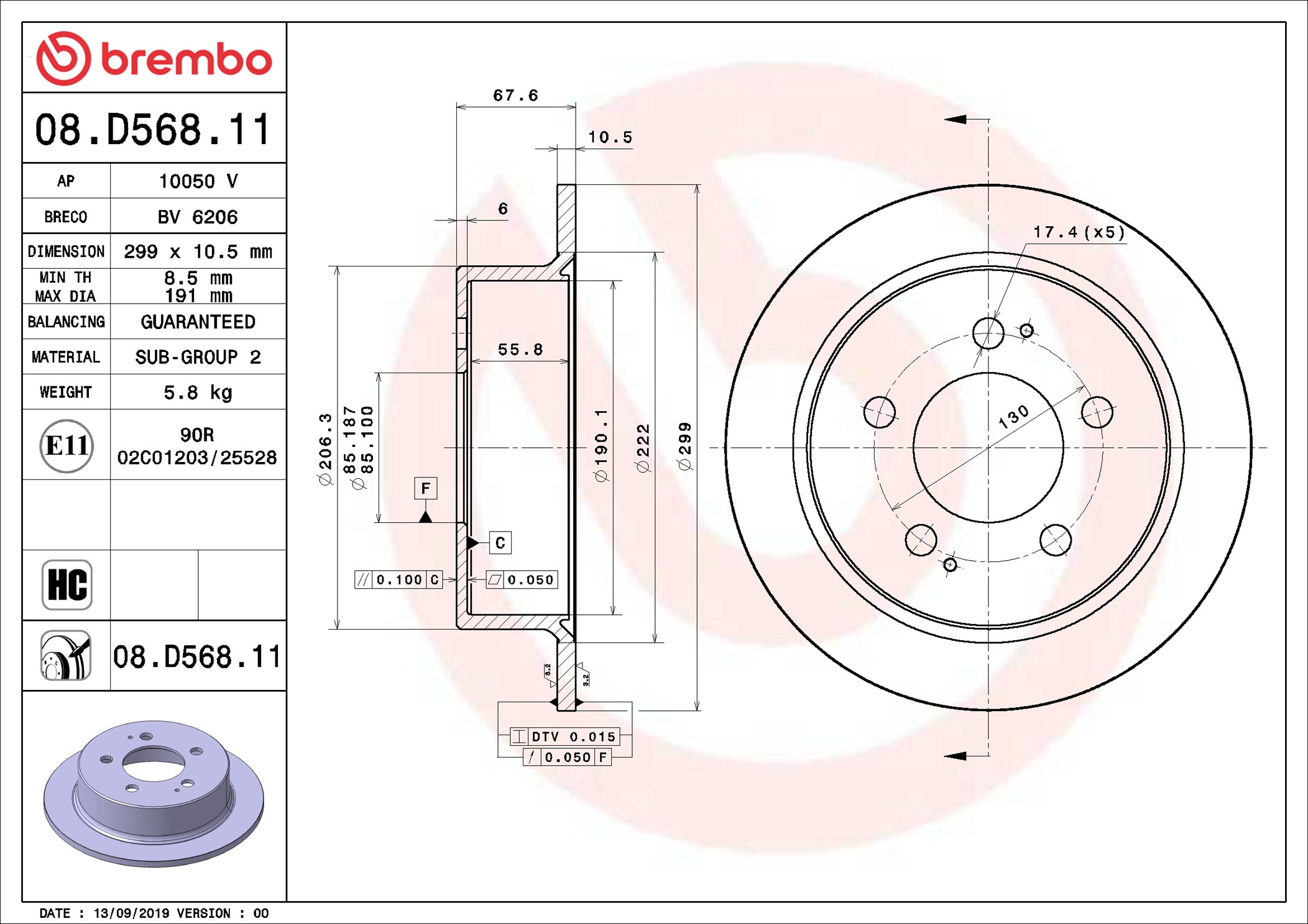 BREMBO Bremseskive 08.D568.11 299mm 10mm for SSANGYONG