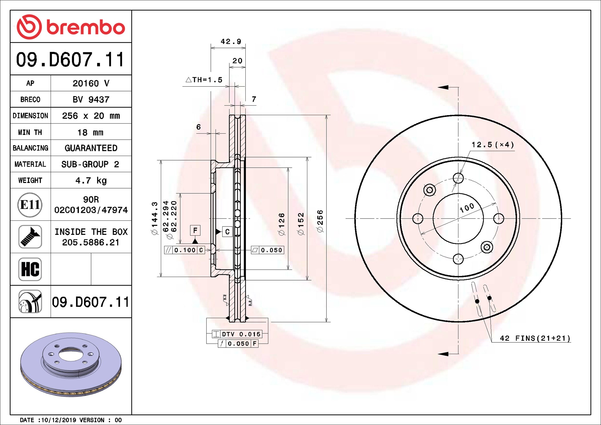 BREMBO Bremseskive 09d60711 256mm 20mm for KIA