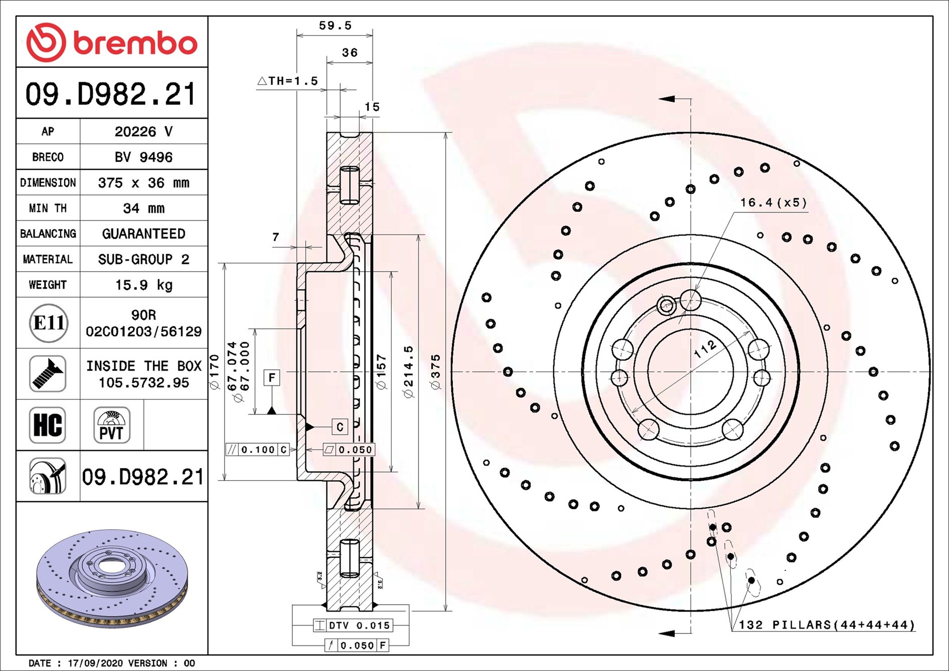BREMBO Bremseskive 09d98221 375mm 36mm for MERCEDES-BENZ