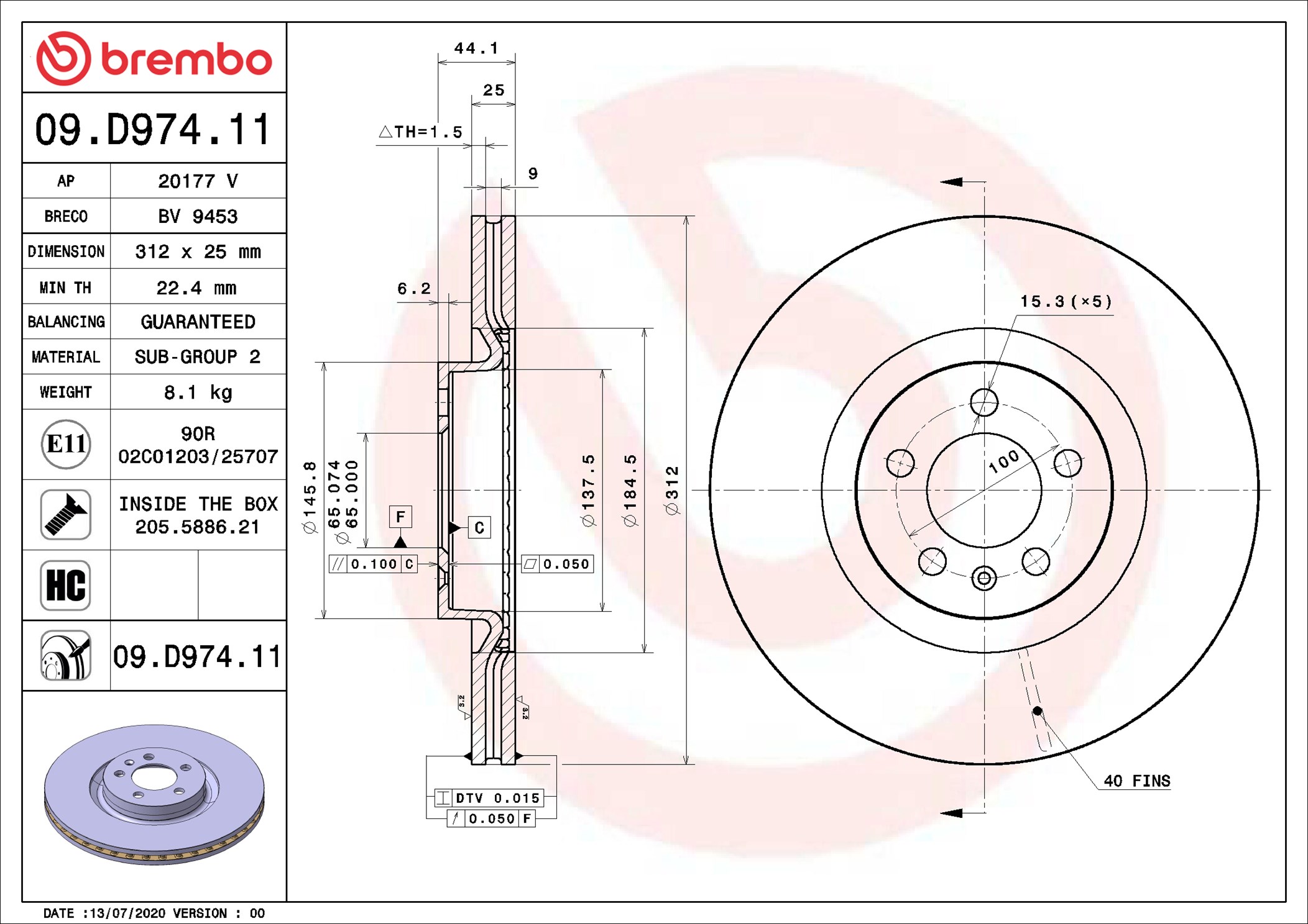 BREMBO Bremseskive 09d97411 312mm 25mm for AUDI