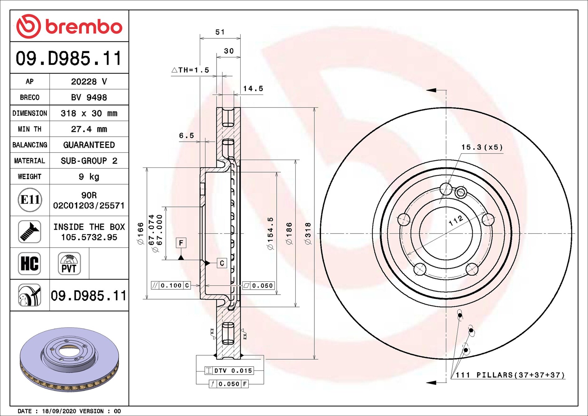 BREMBO Bremseskive 09d98511 318mm 30mm for MERCEDES-BENZ