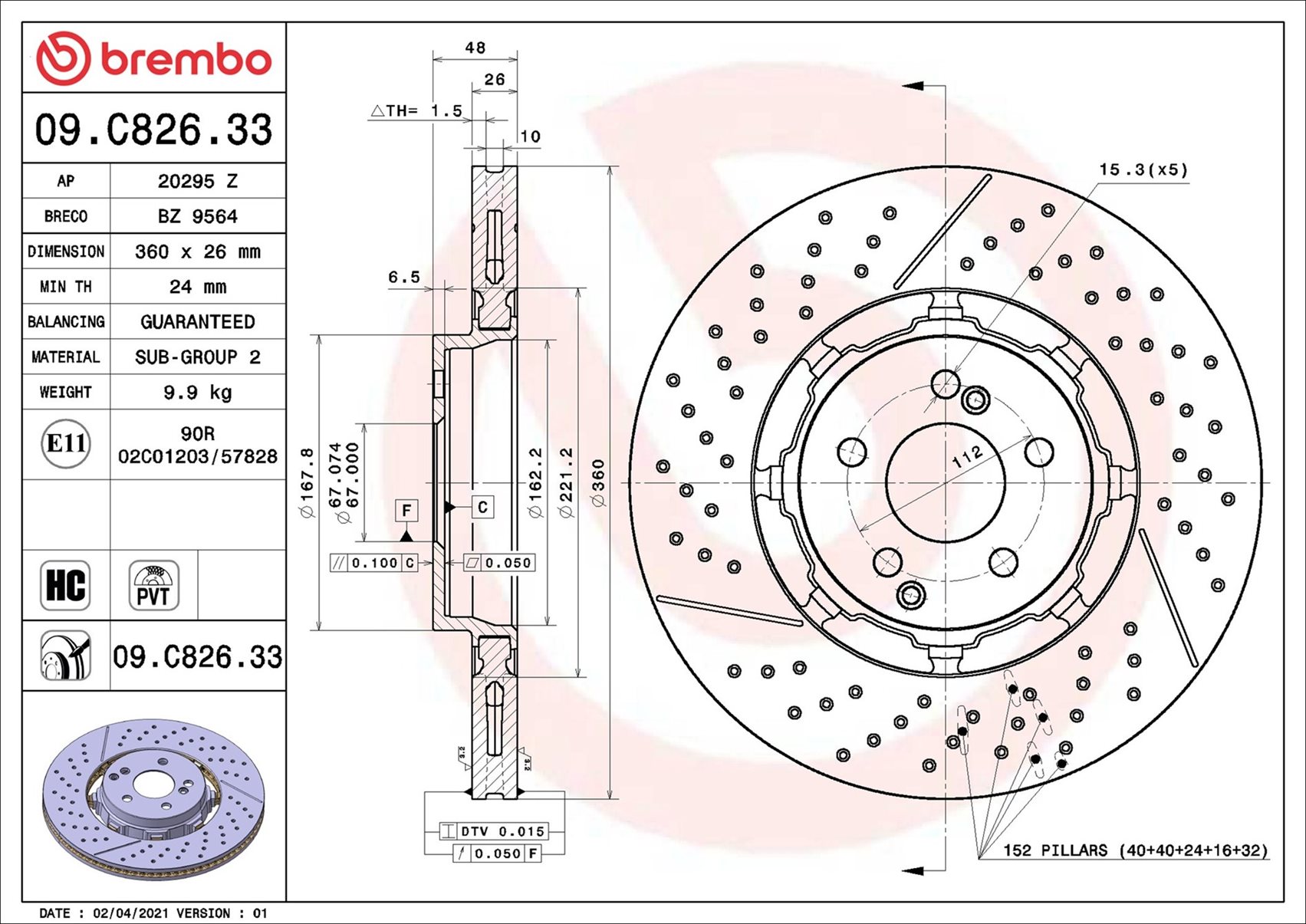 BREMBO Bremseskive 09.C826.33 360mm 26mm for MERCEDES-BENZ