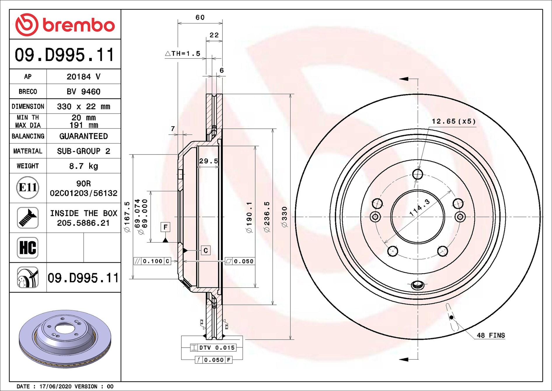 BREMBO Bremseskive 09d99511 330mm 22mm for GENESIS
