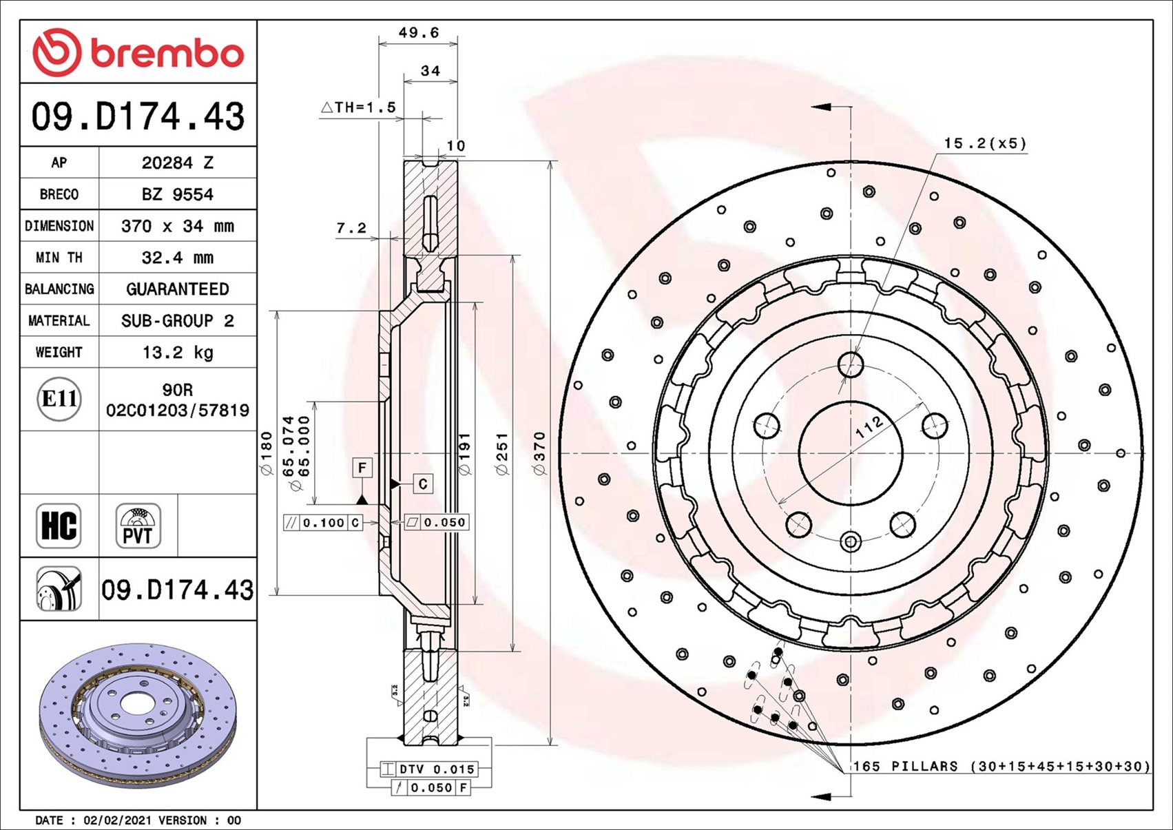 BREMBO Bremseskive 09.D174.43 370mm 34mm for AUDI