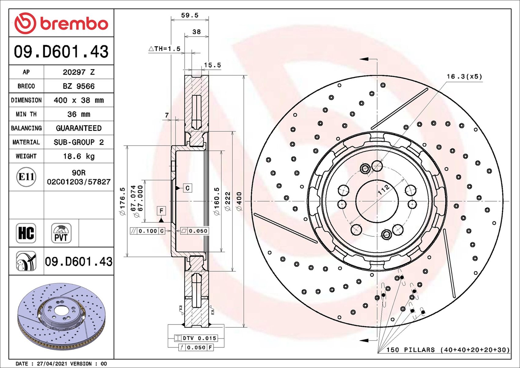 BREMBO Bremseskive 09.D601.43 400mm 38mm for MERCEDES-BENZ