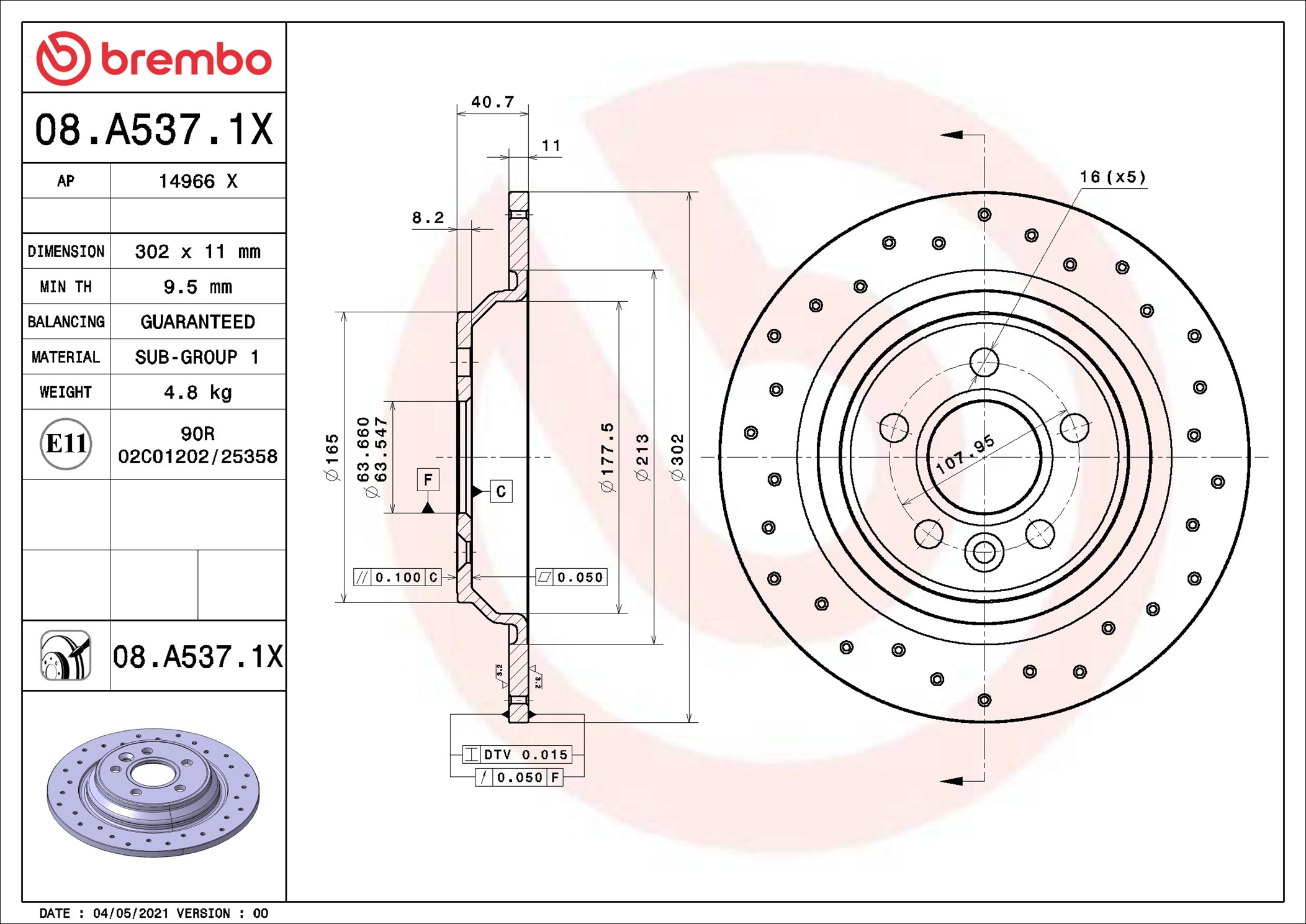 BREMBO Bremseskive 08a5371x perforeret 302mm 11mm for VOLVO VOLVO ASIA