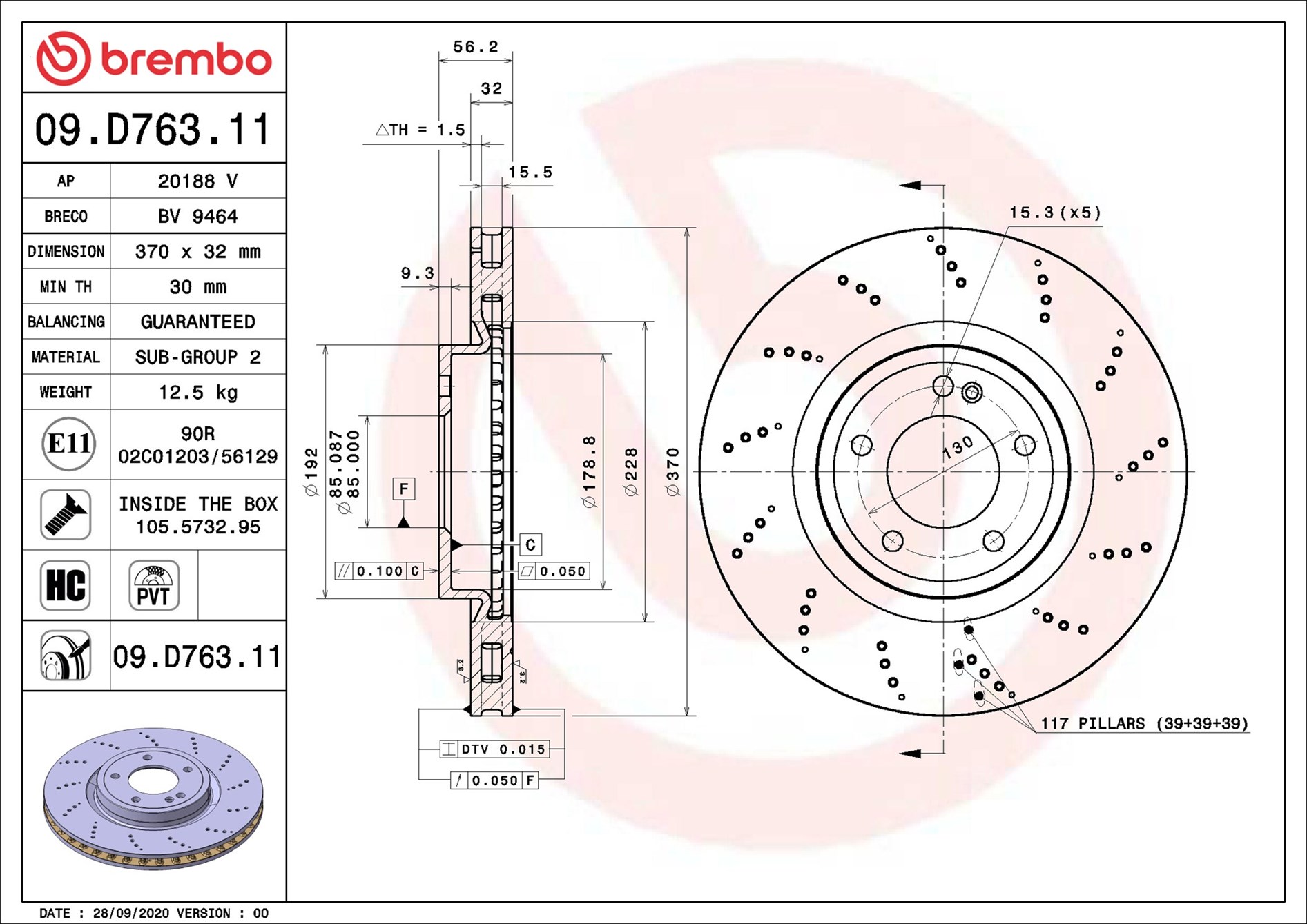 BREMBO Bremseskive 09.D763.11 370mm 32mm for MERCEDES-BENZ