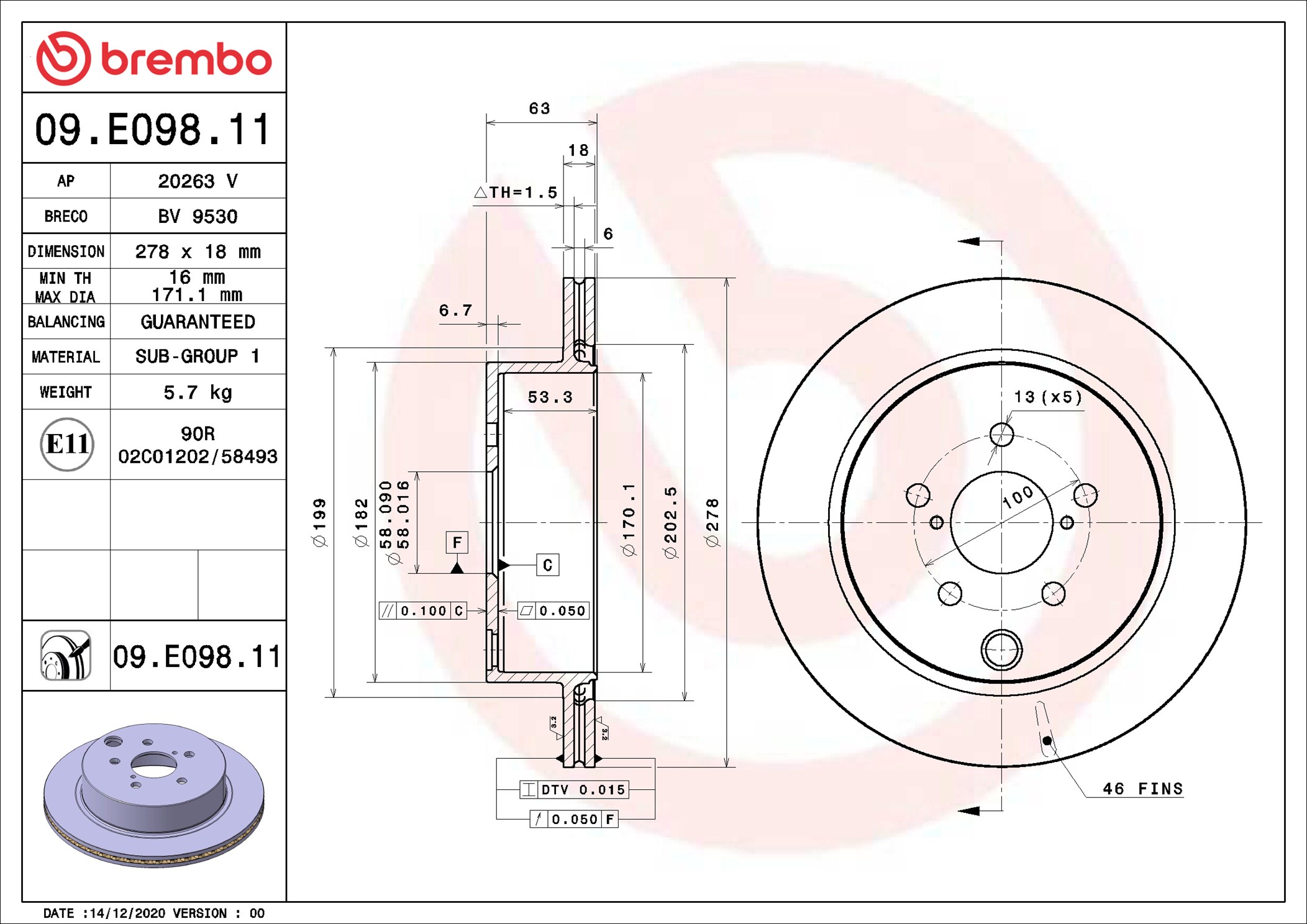 BREMBO Bremseskive 09e09811 278mm 18mm for SUBARU