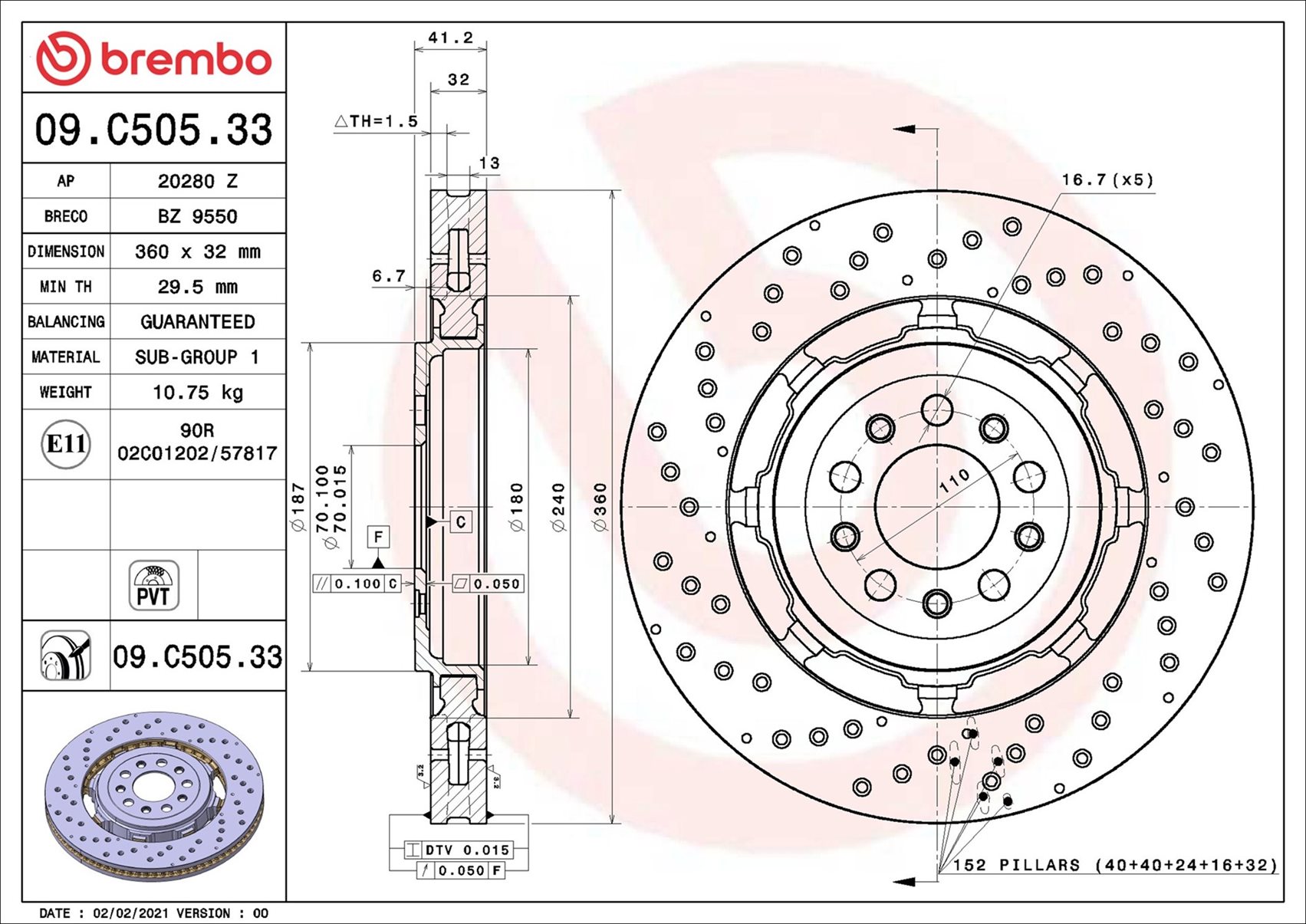 BREMBO Bremseskive 09.C505.33 360mm 32mm for ALFA ROMEO