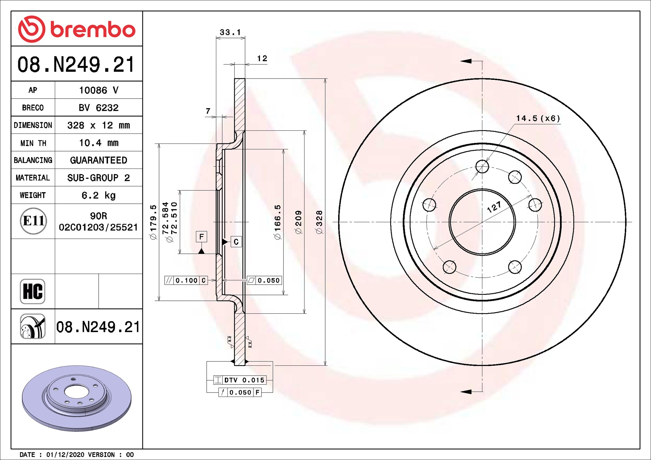 BREMBO Bremseskive 08.N249.21 328mm 12mm for DODGE RAM LANCIA CHRYSLER VW