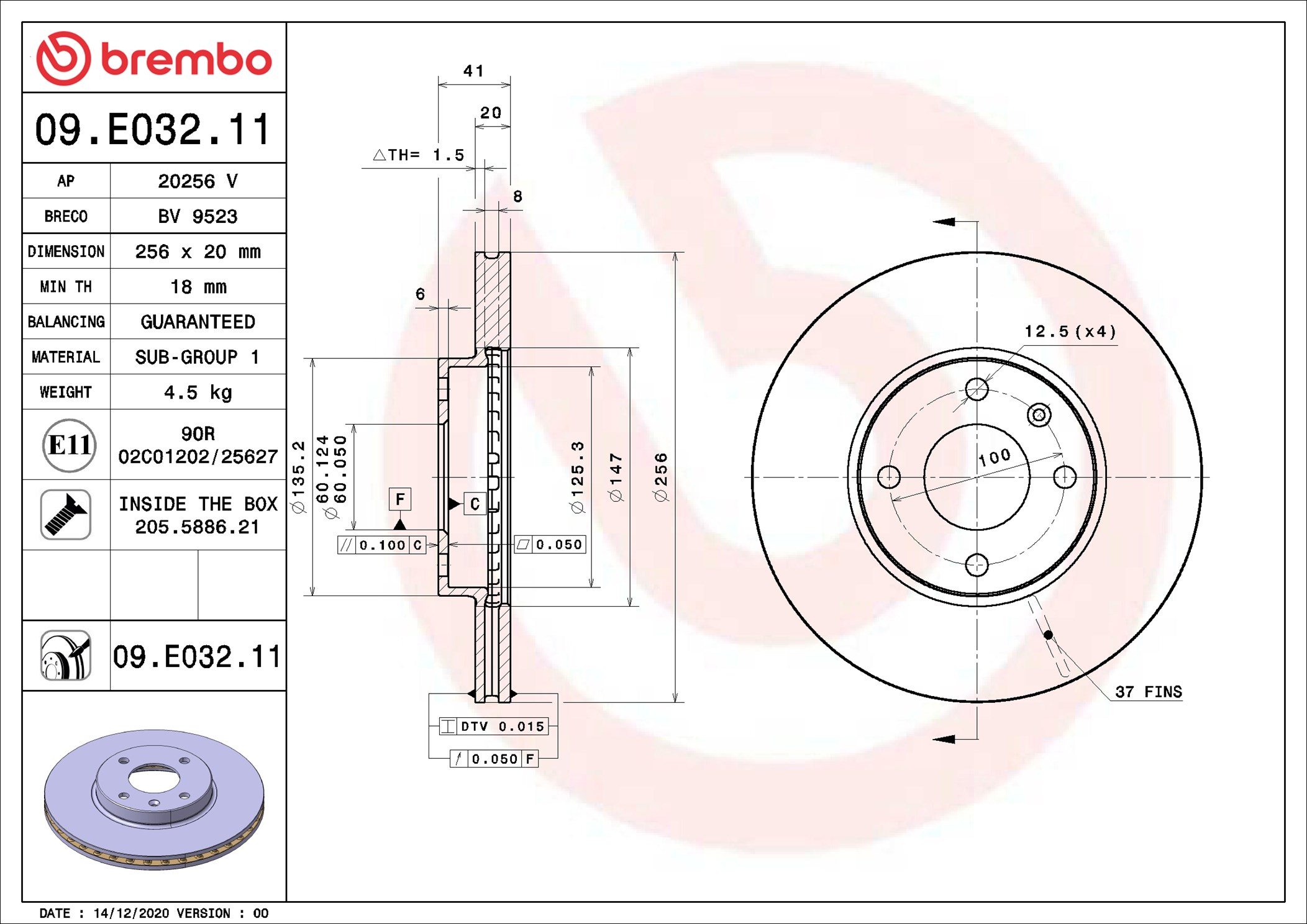 BREMBO Bremseskive 09e03211 256mm 20mm for OPEL