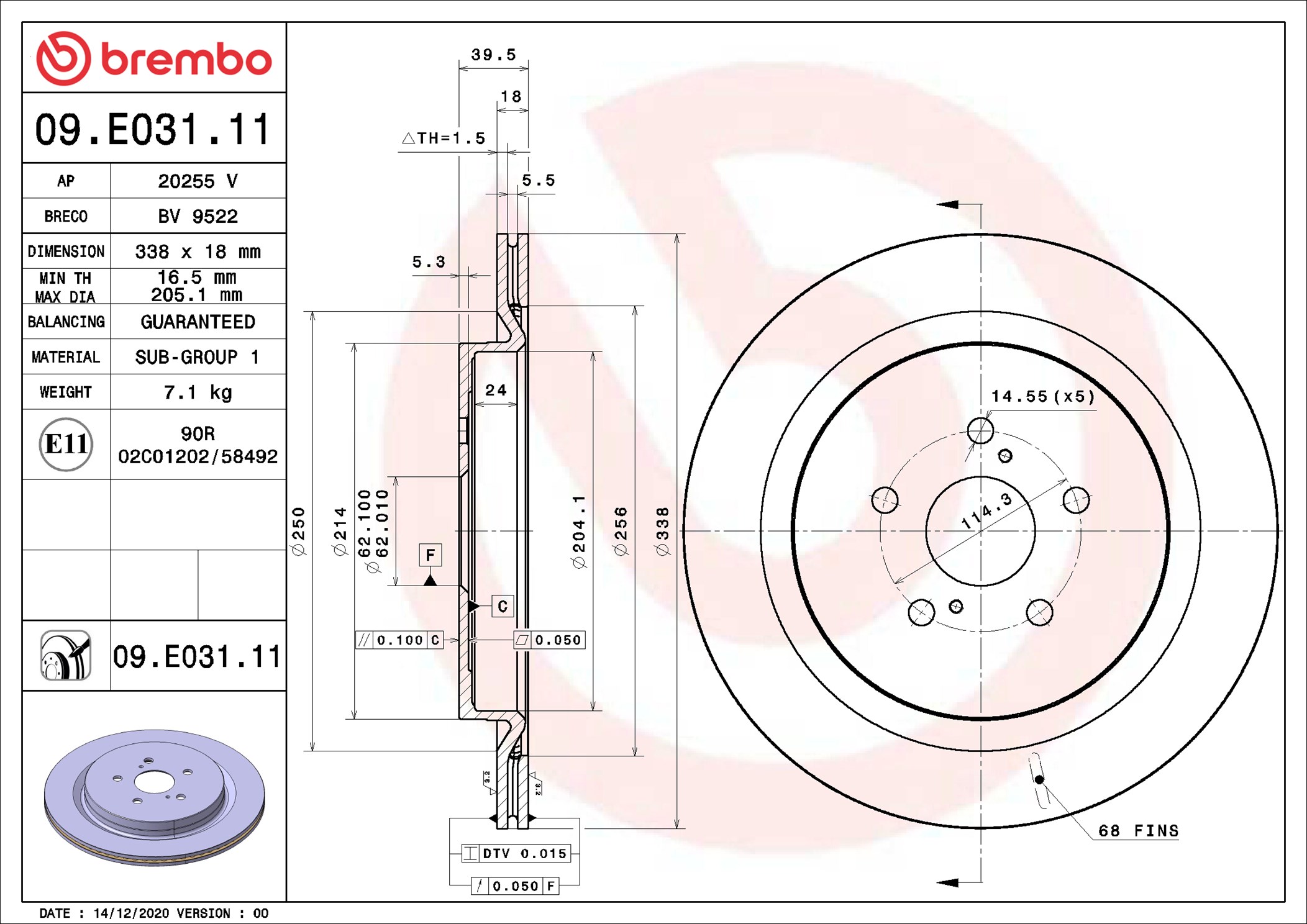 BREMBO Bremseskive 09e03111 338mm 18mm for LEXUS