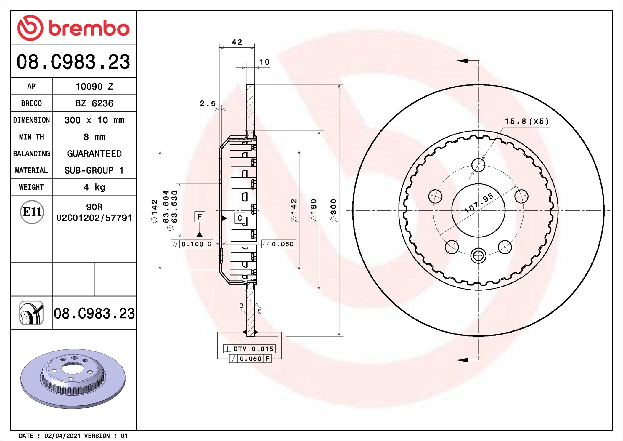 BREMBO Bremseskive 08.C983.23 300mm 10mm for LAND ROVER TOYOTA