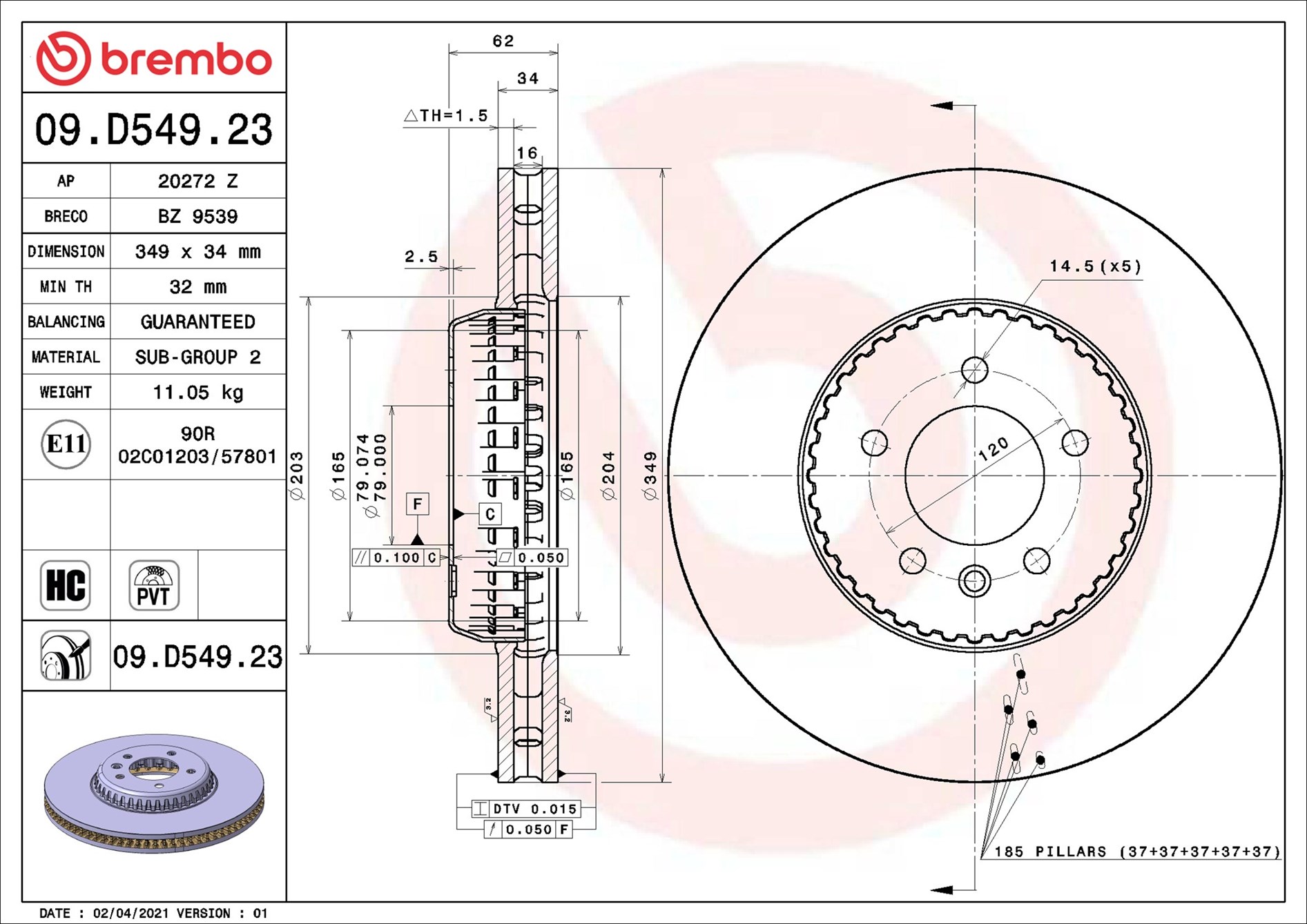 BREMBO Bremseskive 09.D549.23 349mm 34mm for LAND ROVER