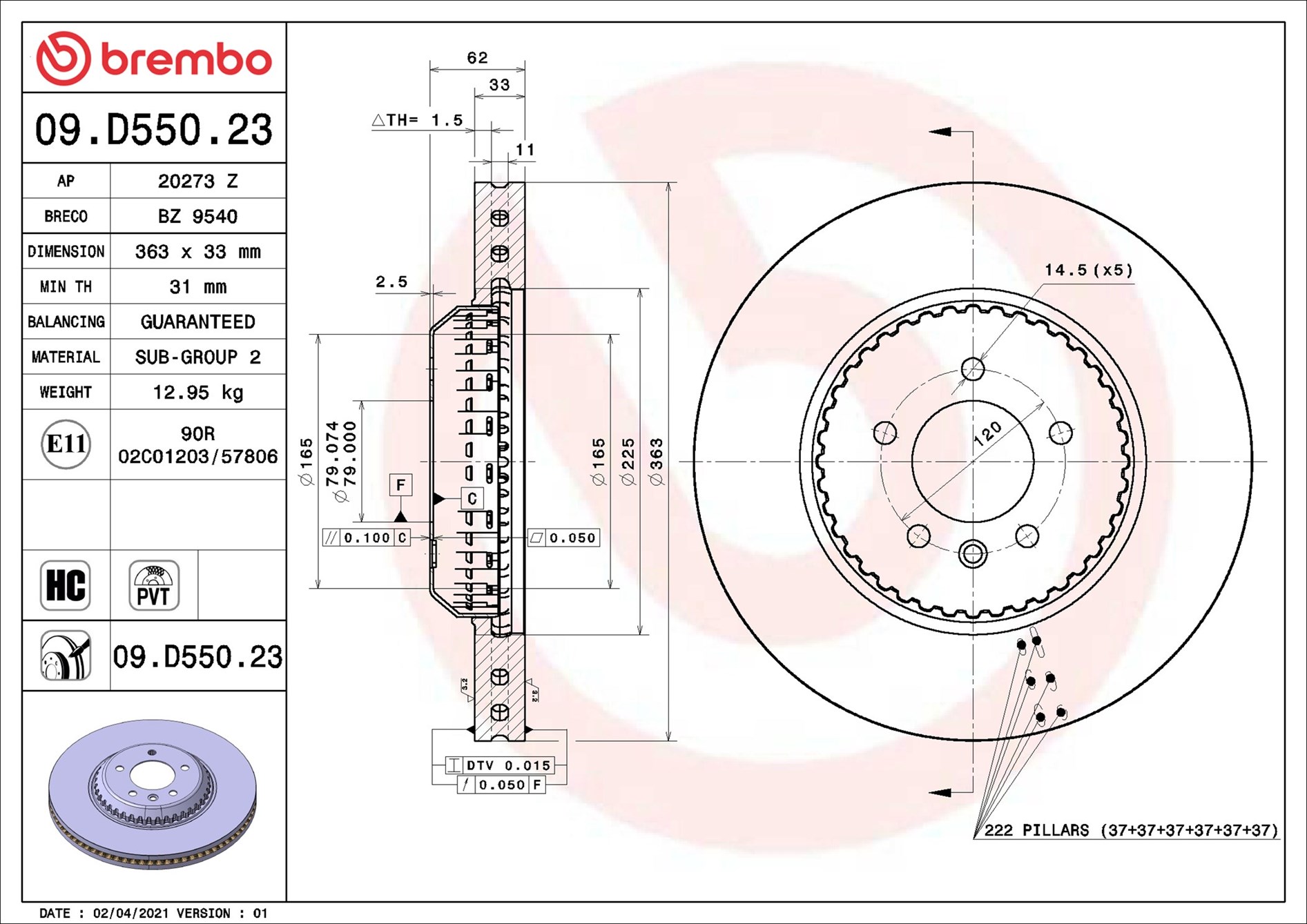 BREMBO Bremseskive 09d55023 363mm 33mm for LAND ROVER