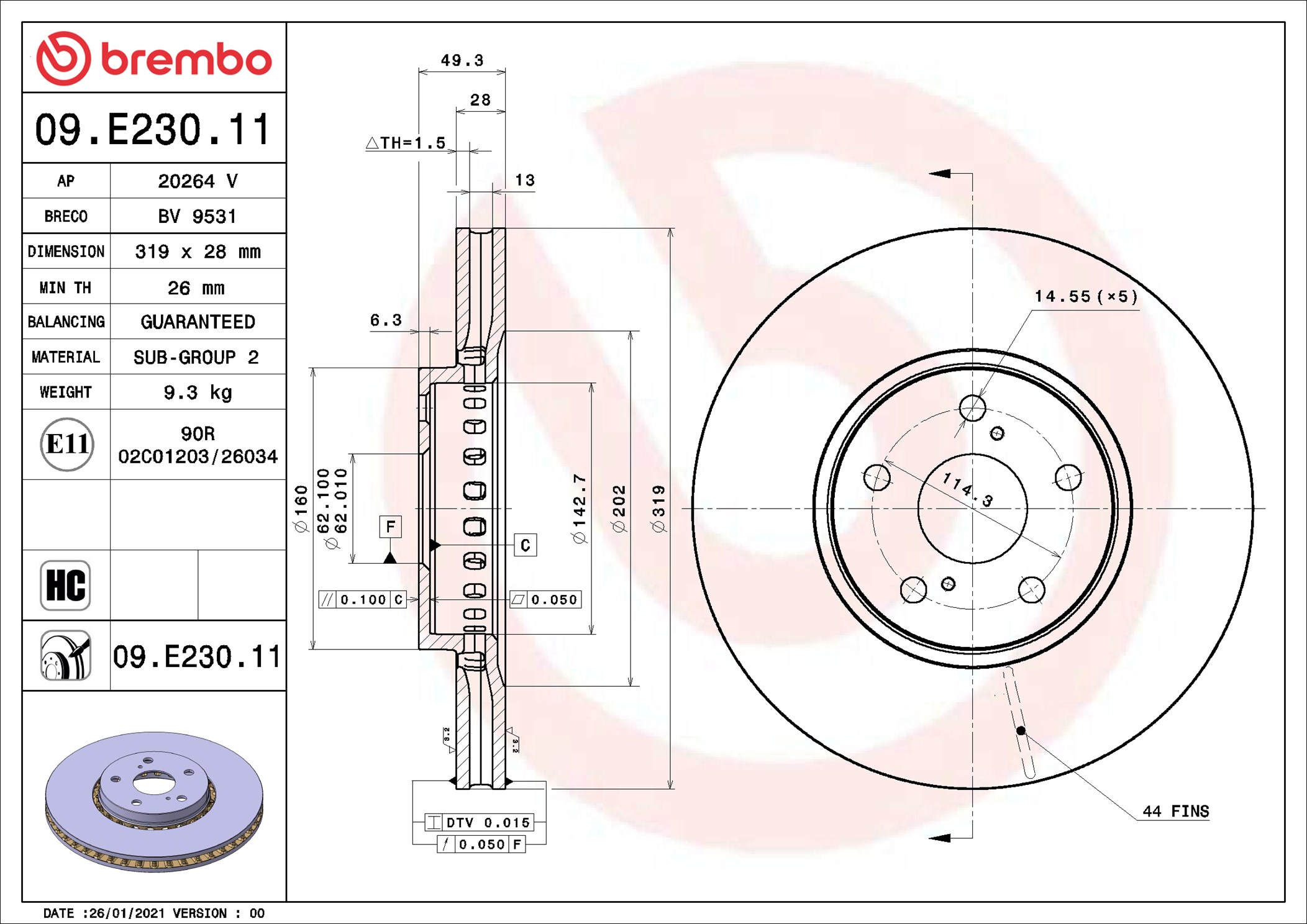 BREMBO Bremseskive 09e23011 319mm 28mm for LEXUS