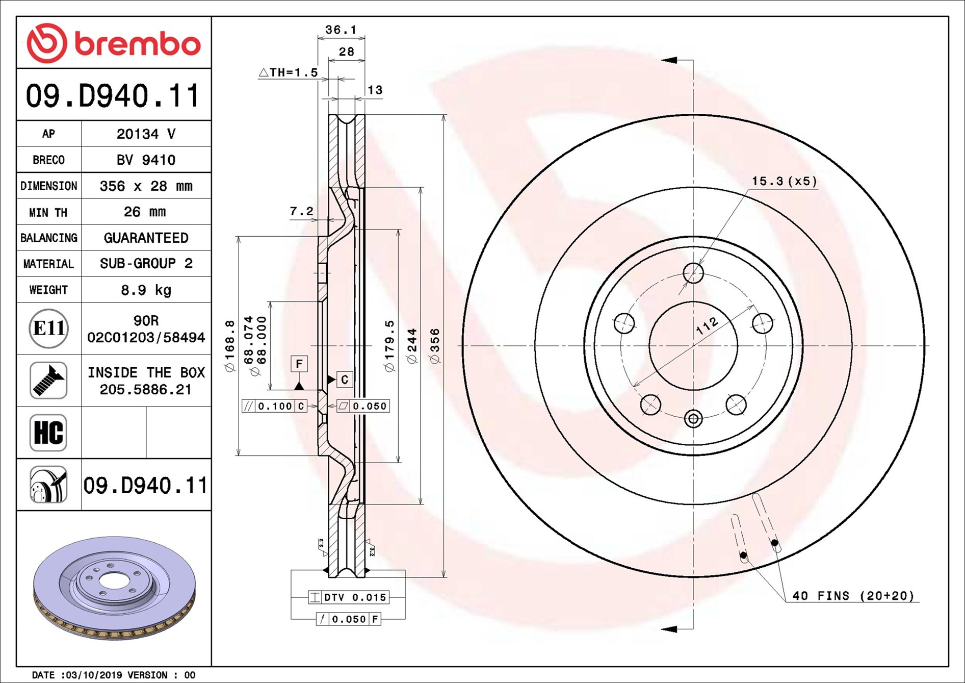 BREMBO Bremseskive 09d94011 356mm 28mm for PORSCHE