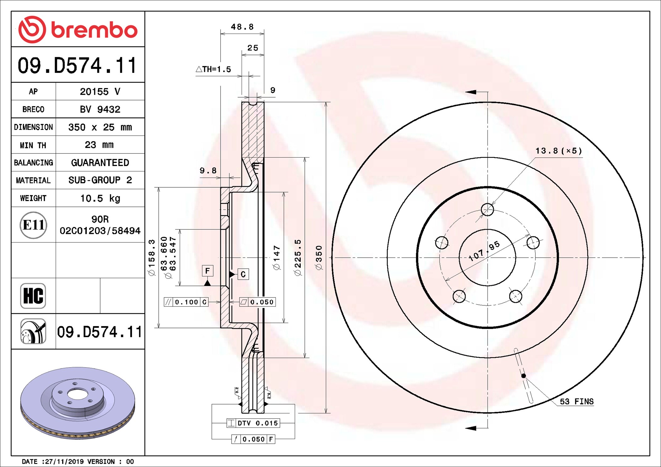 BREMBO Bremseskive 09d57411 350mm 25mm for FORD