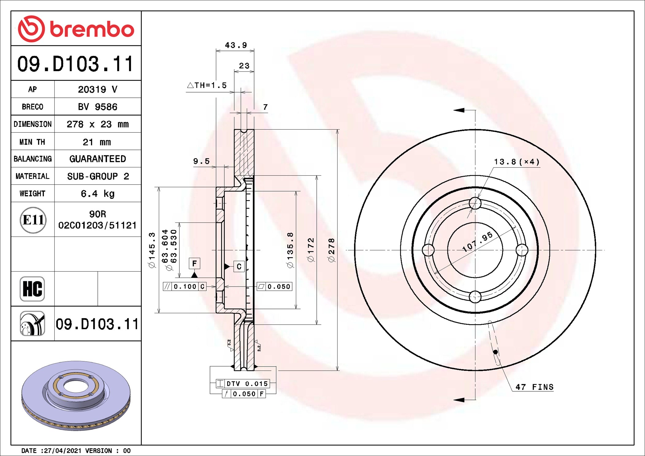 BREMBO Bremseskive 09d10311 278mm 23mm for FORD