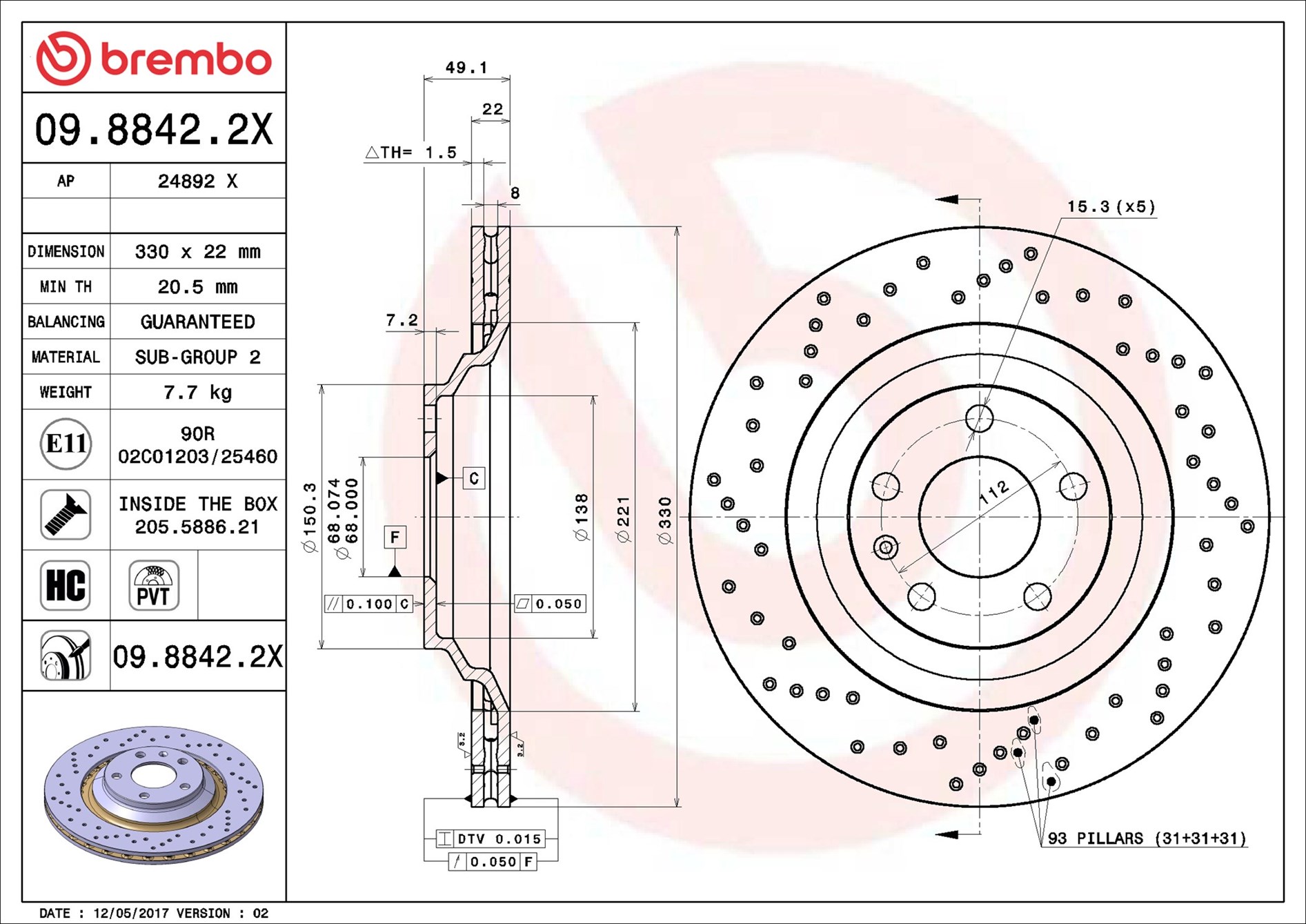BREMBO Bremseskive 0988422x 330mm 22mm for AUDI AUDI (FAW)