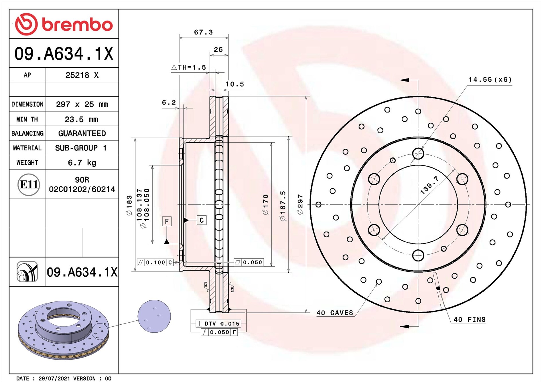 BREMBO Bremseskive 09.A634.1X 297mm 25mm for TOYOTA