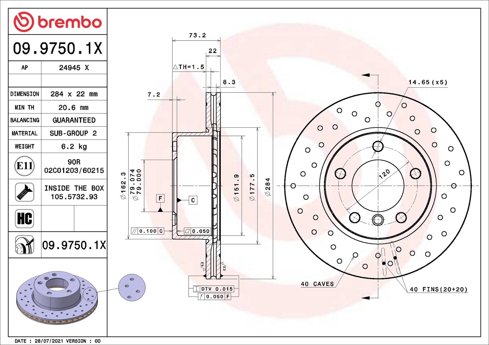 BREMBO Bremseskive 0997501x 284mm 22mm for BMW