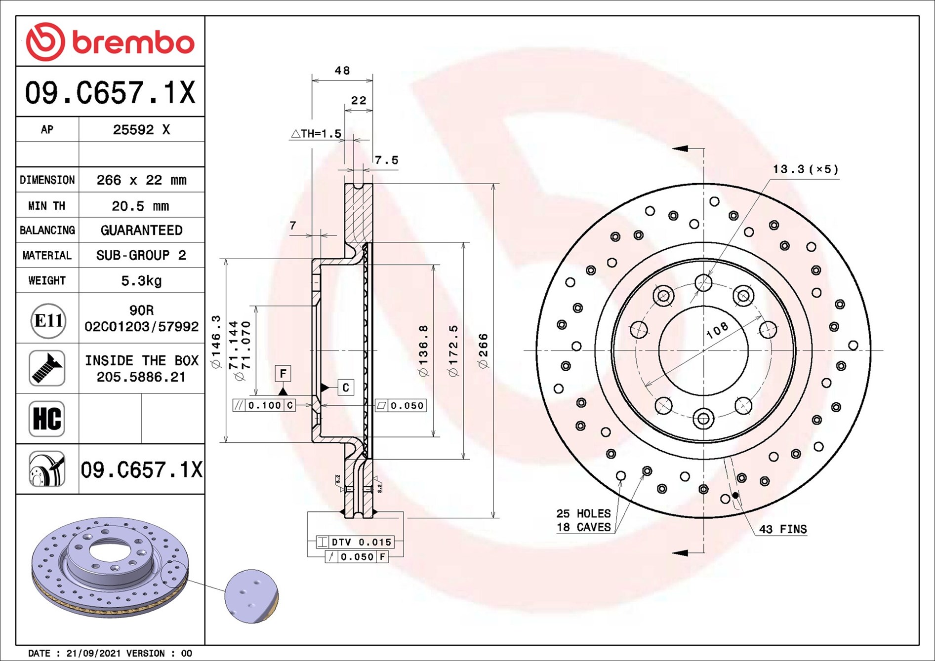 BREMBO Bremseskive 09c6571x 266mm 22mm for PEUGEOT